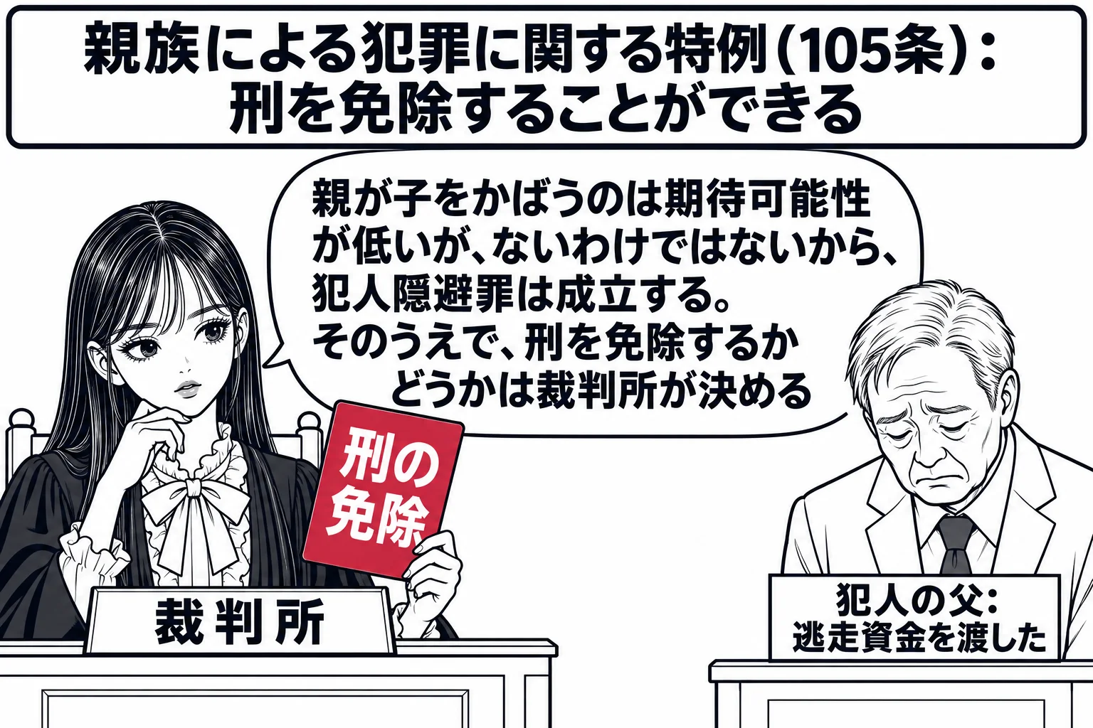 法廷の場面。先生が裁判官役（札「裁判所」）で法壇に座り、手元に「刑の免除」と書いた札を持ち、出すかどうかを考えている。証言台の前に年配の男性（札「犯人の父：逃走資金を渡した」）がうつむいて立っている。先生の吹き出し「親が子をかばうのは期待可