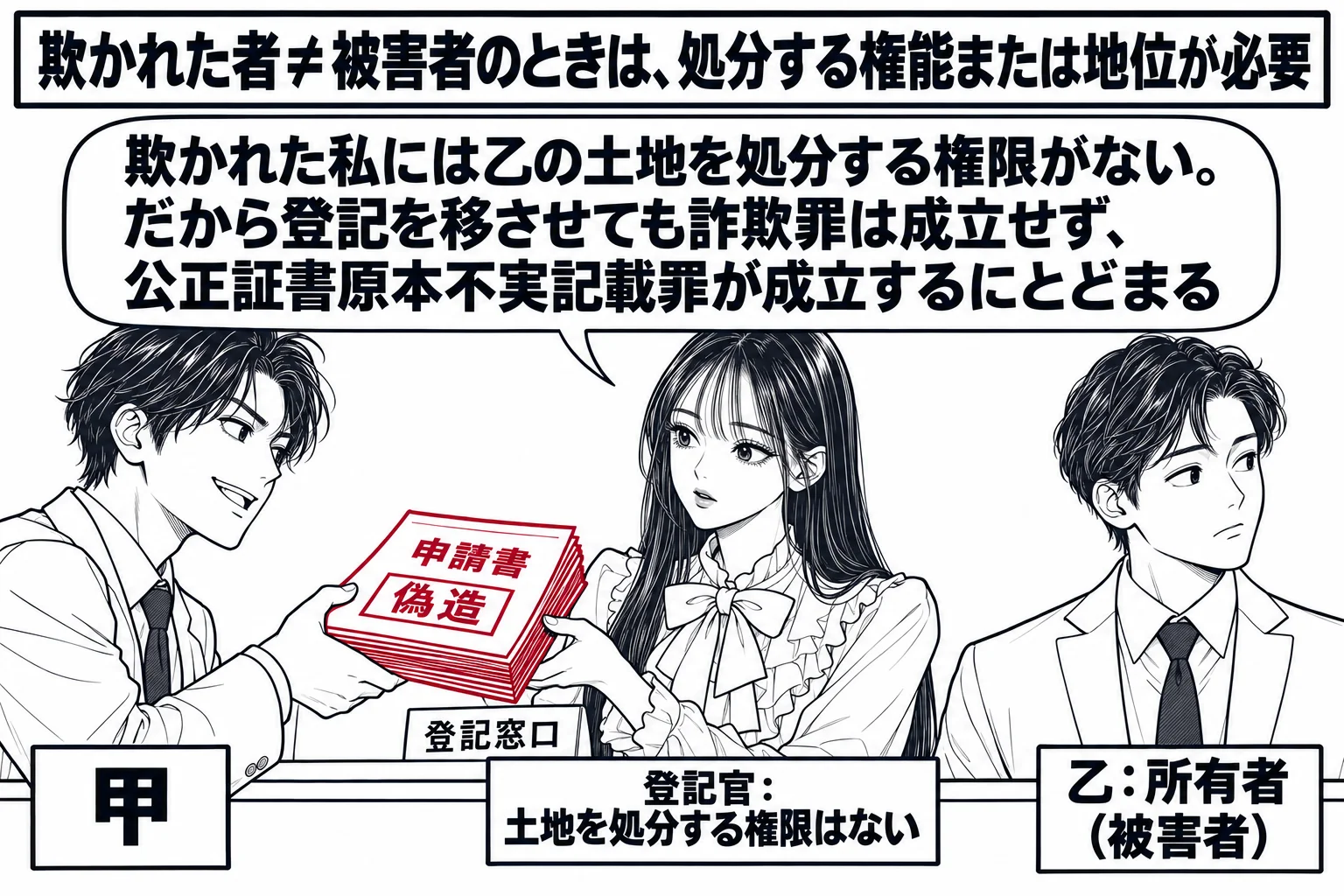 法務局の登記窓口の場面。先生が登記官役（札「登記官：土地を処分する権限はない」）で窓口に座り、申請書を受け取っている。窓口の前に男性（札「甲」）が偽造した書類の束を差し出している。離れた位置に土地の所有者の男性（札「乙：所有者（被害者）」）