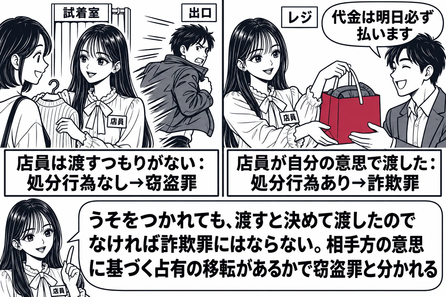 洋服店の場面を左右に並べる。左は試着室の前で、先生が店員役（札「店員」）で別の客の方を向いており、その後ろを上着を着たままの男性が出口へ走っている。左の札「店員は渡すつもりがない：処分行為なし→窃盗罪」。右はレジで、先生が店員役で紙袋に入れ