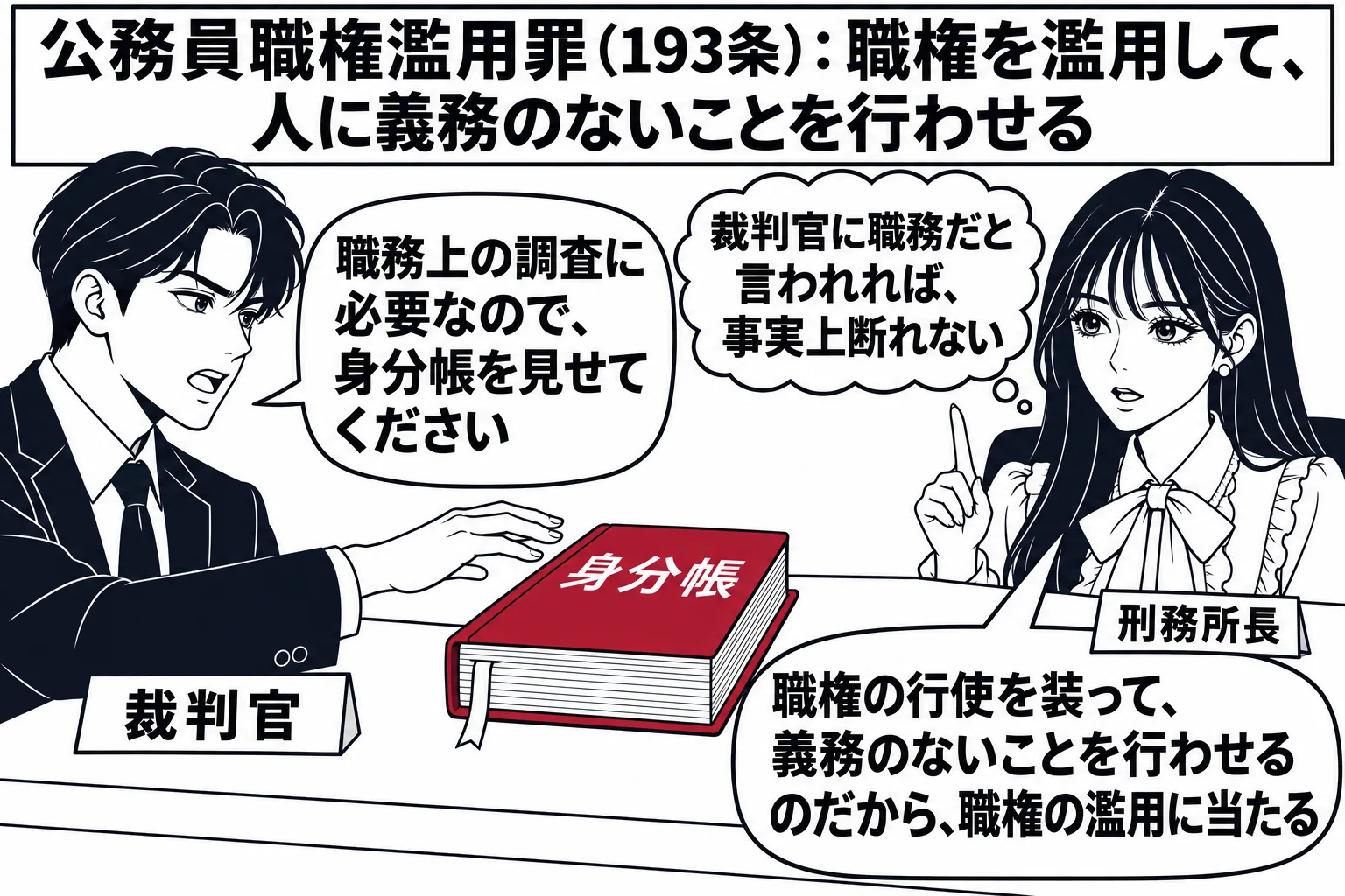 刑務所の所長室の場面。先生が刑務所長役（札「刑務所長」）で机に座り、机の上に厚い帳簿（表紙に「身分帳」）が置かれている。机の前にスーツの男性（札「裁判官」）が立ち、帳簿に手を伸ばしている。男性の吹き出し「職務上の調査に必要なので、身分帳を見