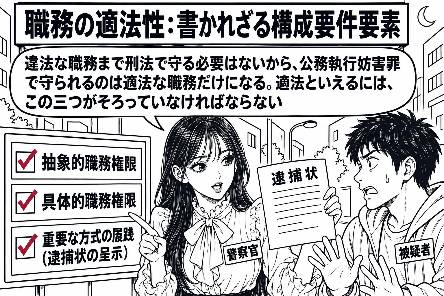 夜の路上の場面。先生が警察官役（札「警察官」）で、男性（札「被疑者」）に逮捕状の紙を示している。先生の横に縦に三つ並んだ点検表の板があり、上から「抽象的職務権限」「具体的職務権限」「重要な方式の履践（逮捕状の呈示）」と書かれ、それぞれにチェ