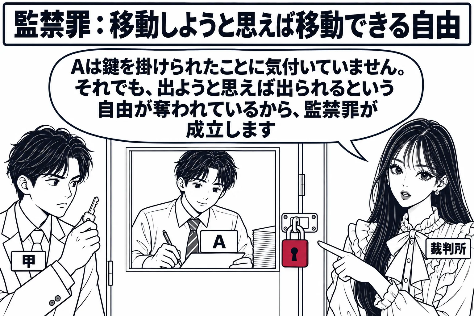 事務所の倉庫の前の場面。倉庫の扉に外側から南京錠が掛かっており、鍵を手にした男性（札「甲」）が扉の外に立っている。倉庫の小窓の中では、別の男性（札「A」）が施錠に気付かずに机で作業を続けている。先生が裁判官役（札「裁判所」）で扉の横に立ち、
