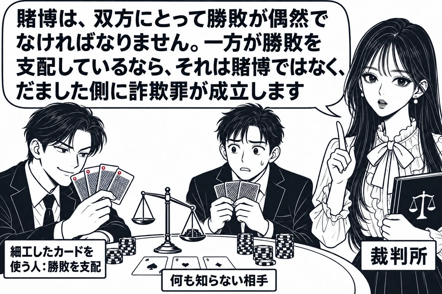 賭けごとの卓の場面。卓の片側に男性（札「細工したカードを使う人：勝敗を支配」）が座り、手元のカードの裏に小さな印が付いている。卓の反対側に男性（札「何も知らない相手」）が座っている。卓の上に天秤の絵があり、片方の皿だけが下がっている。先生が