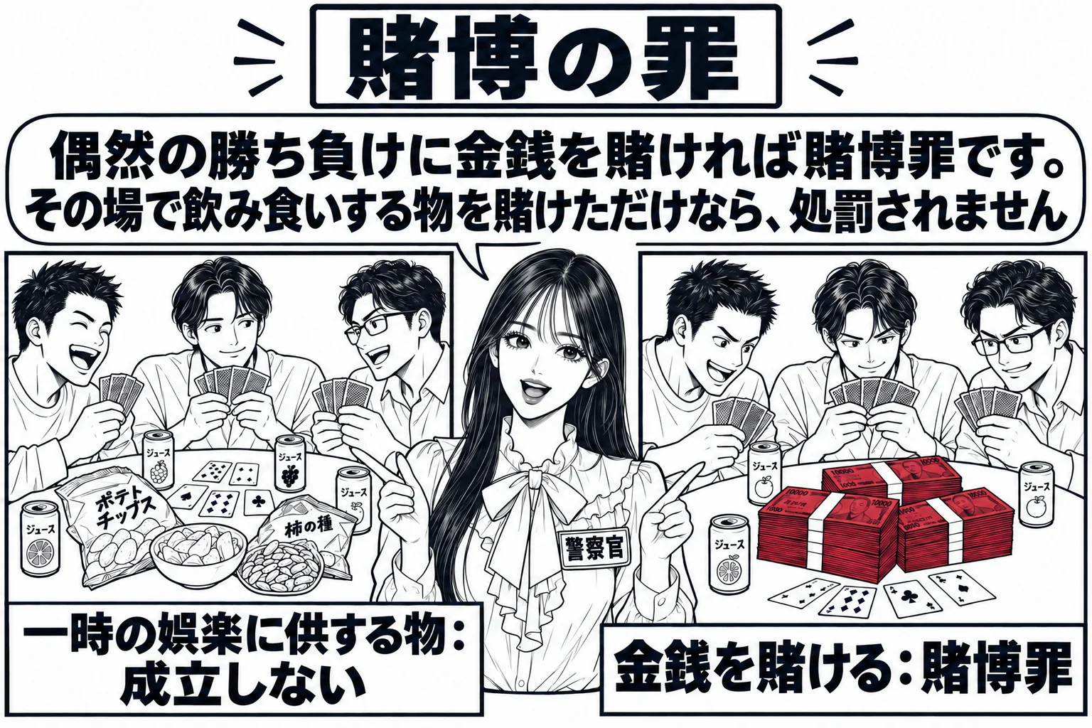 居間の卓を囲む場面を左右二つのコマで描く。左のコマは、男性三人がトランプをしていて、卓の中央に缶ジュースと菓子の袋が置かれている絵で、札「一時の娯楽に供する物：成立しない」。右のコマは、同じ卓の中央に紙幣の束が置かれている絵で、札「金銭を賭