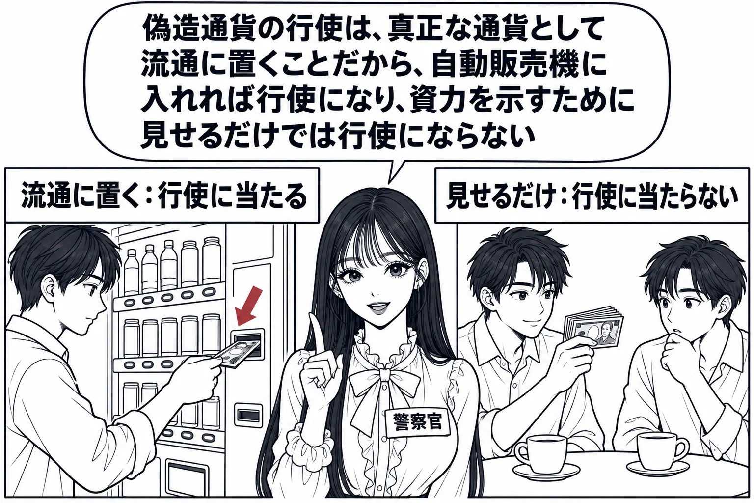 左右二つのコマに分かれた場面。左のコマは自動販売機の前で、男性が紙幣を投入口に入れていて、札「流通に置く：行使に当たる」。右のコマは喫茶店のテーブルで、男性が札束を相手に見せているだけで、札「見せるだけ：行使に当たらない」。先生が警察官役（