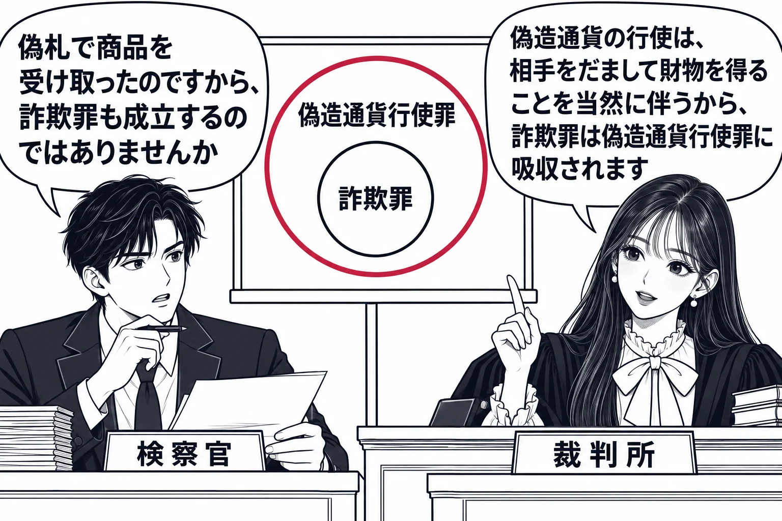法廷の場面。先生が裁判官役（札「裁判所」）で法壇に座る。検察官席に男性（札「検察官」）。壁の掲示に大きな円「偽造通貨行使罪」があり、その中に小さな円「詐欺罪」が入っている図。検察官の吹き出し「偽札で商品を受け取ったのですから、詐欺罪も成立す