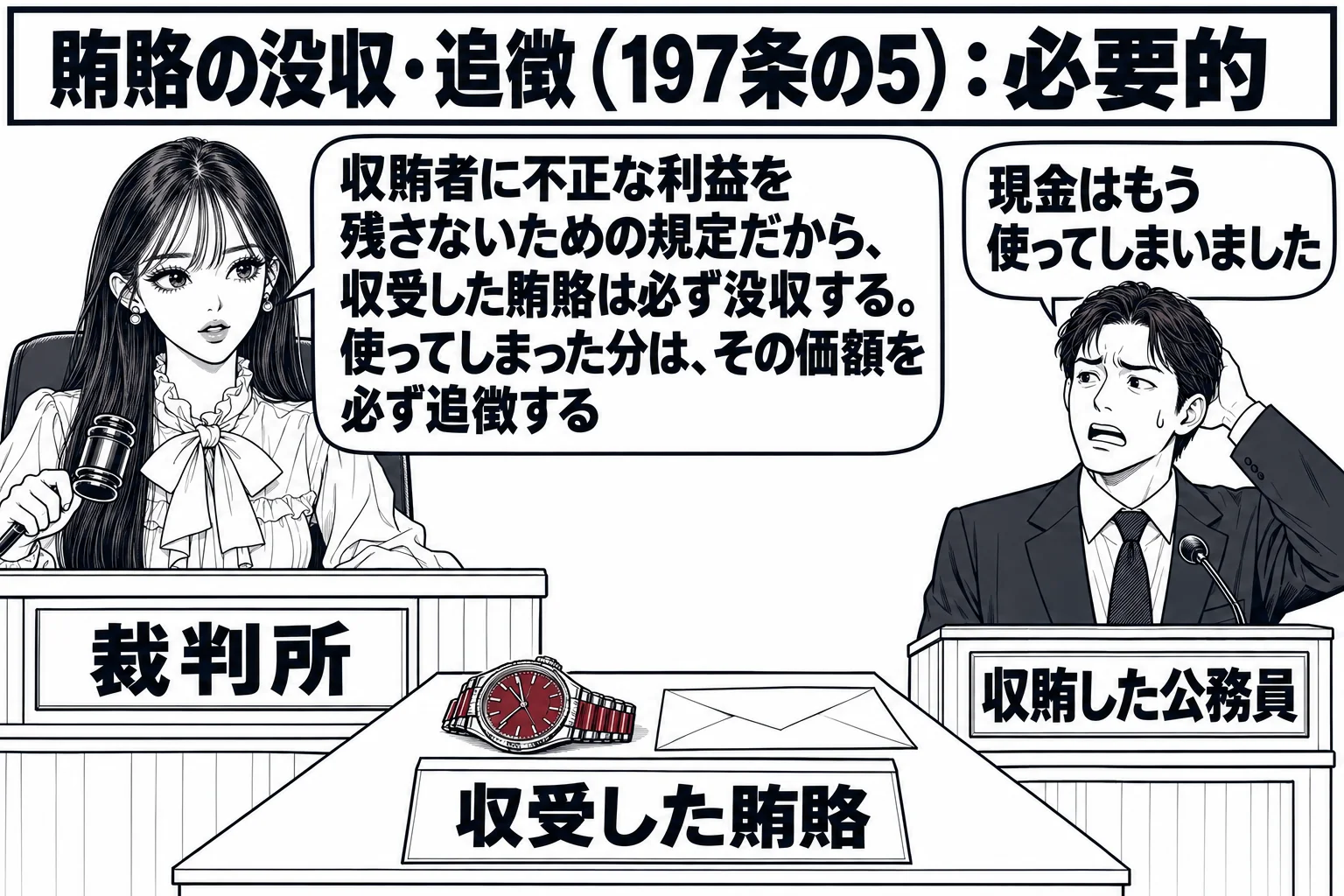 法廷の場面。先生が裁判官役（札「裁判所」）で法壇に座っている。証言台の前にスーツの男性（札「収賄した公務員」）が立っている。法壇の前の机に腕時計と封筒が置かれ、札「収受した賄賂」が付いている。男性の吹き出し「現金はもう使ってしまいました」。