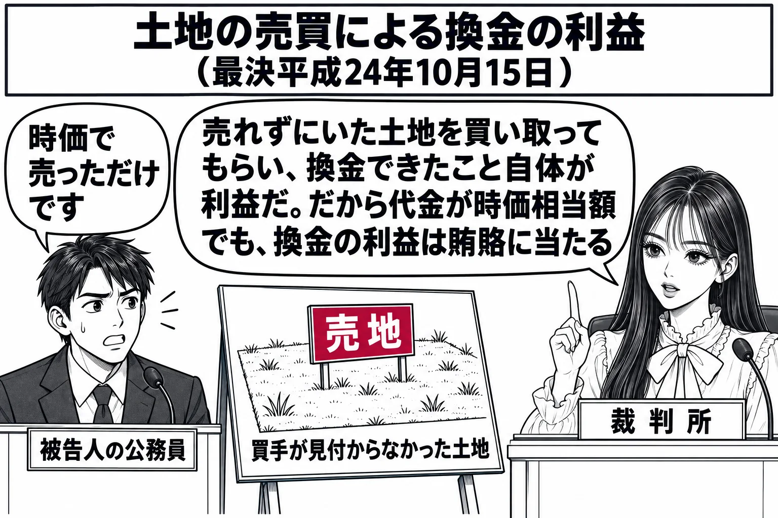 法廷の場面。先生が裁判官役（札「裁判所」）で法壇に座っている。証言台の前にスーツの男性（札「被告人の公務員」）が立っている。法廷の脇に立て掛けたパネルに、草の生えた空き地と立て札「売地」が描かれ、パネルの下に「買手が見付からなかった土地」と