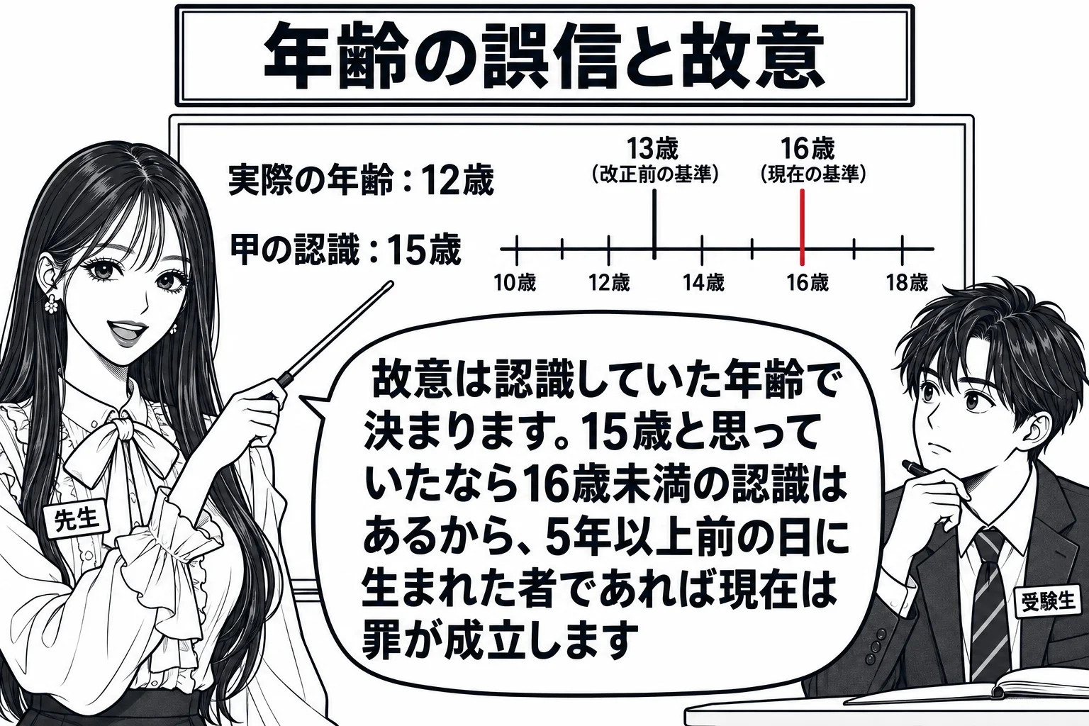 教室の場面。先生が教師役（札「先生」）で黒板の前に立ち、板書を指し棒で指している。黒板には上下二段があり、上の段に「実際の年齢：12歳」、下の段に「甲の認識：15歳」と書かれ、その右に横向きの年齢の物差しがあって「13歳（改正前の基準）」と