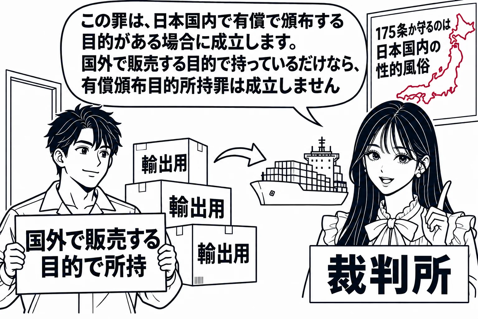 港の倉庫の場面。段ボール箱が積まれ、箱に「輸出用」の札と、船の絵に向かう矢印がある。箱の横に男性（札「国外で販売する目的で所持」）が立つ。先生が裁判官役（札「裁判所」）で倉庫の入口に立つ。入口の壁に日本地図の輪郭の絵があり、札「175条が守