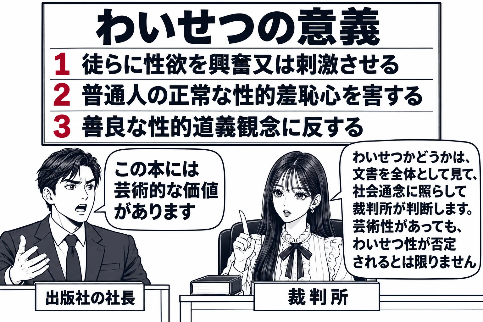 法廷の場面。先生が裁判官役（札「裁判所」）で法壇に座り、法壇の上に閉じた本が1冊置かれている。弁護人席に男性（札「出版社の社長」）が立つ。法壇の後ろの掲示板に三行の板書「徒らに性欲を興奮又は刺激させる」「普通人の正常な性的羞恥心を害する」「