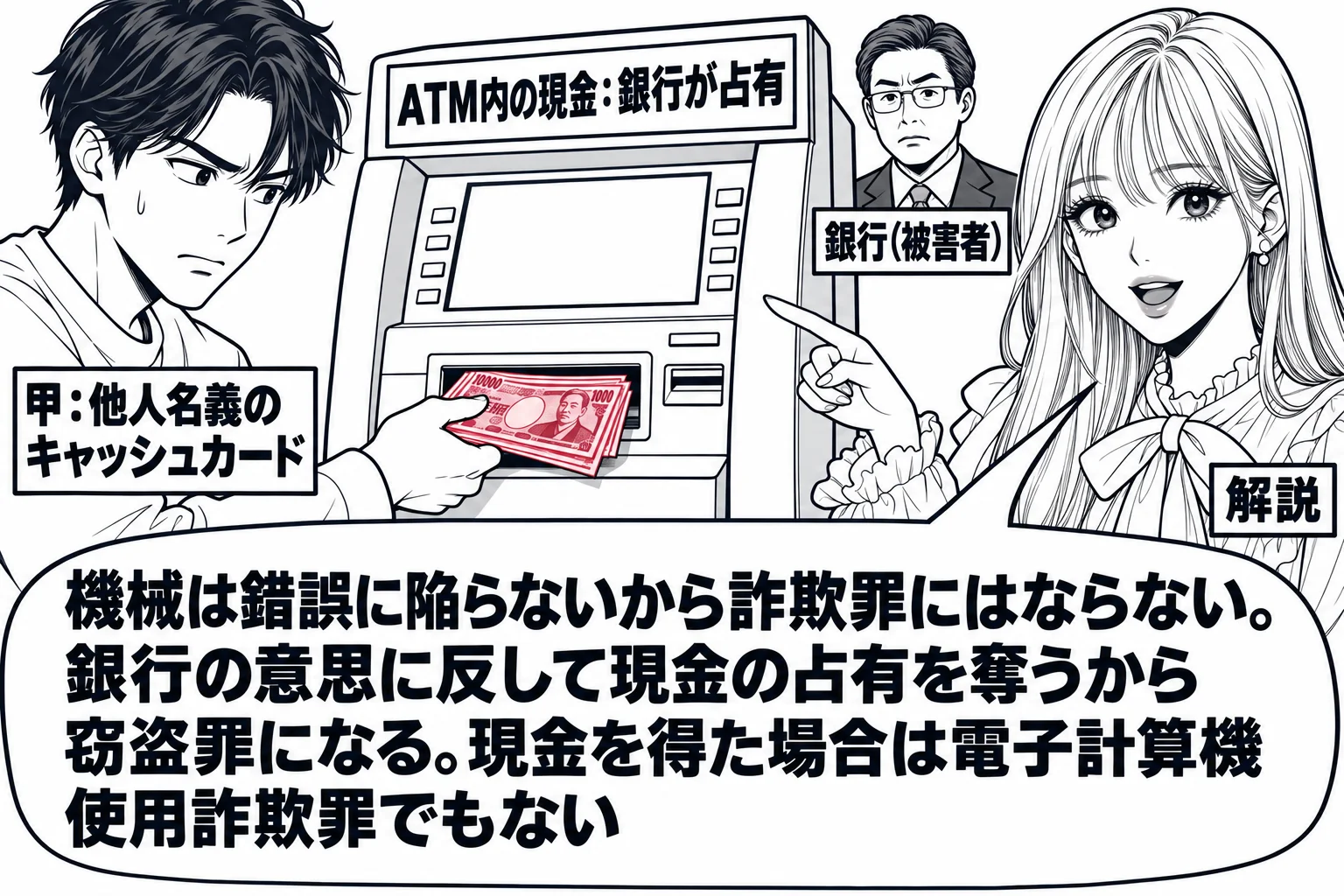ATMコーナーの場面。ATMの前に男性（札「甲：他人名義のキャッシュカード」）が立ち、取出口から紙幣を取っている。ATMの上に札「ATM内の現金：銀行が占有」。ATMの背後に銀行の支店長の男性が小さく描かれ、札「銀行（被害者）」。手前に先生