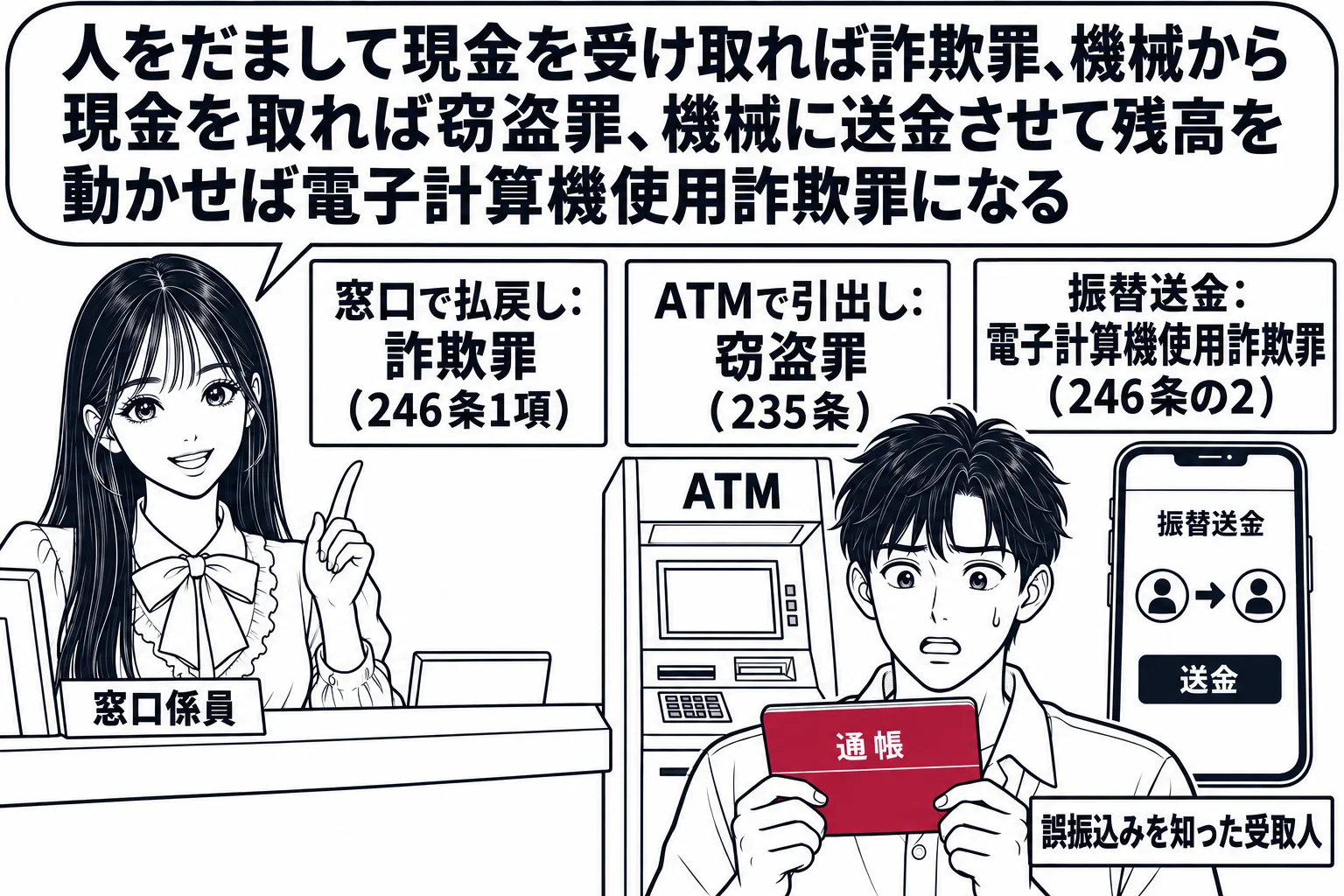 銀行のロビーの場面。左に窓口、中央にATM、右にスマートフォンの画面が並ぶ。窓口には先生が行員役（札「窓口係員」）で座り、札「窓口で払戻し：詐欺罪（246条1項）」。ATMには札「ATMで引出し：窃盗罪（235条）」。スマートフォンには札「