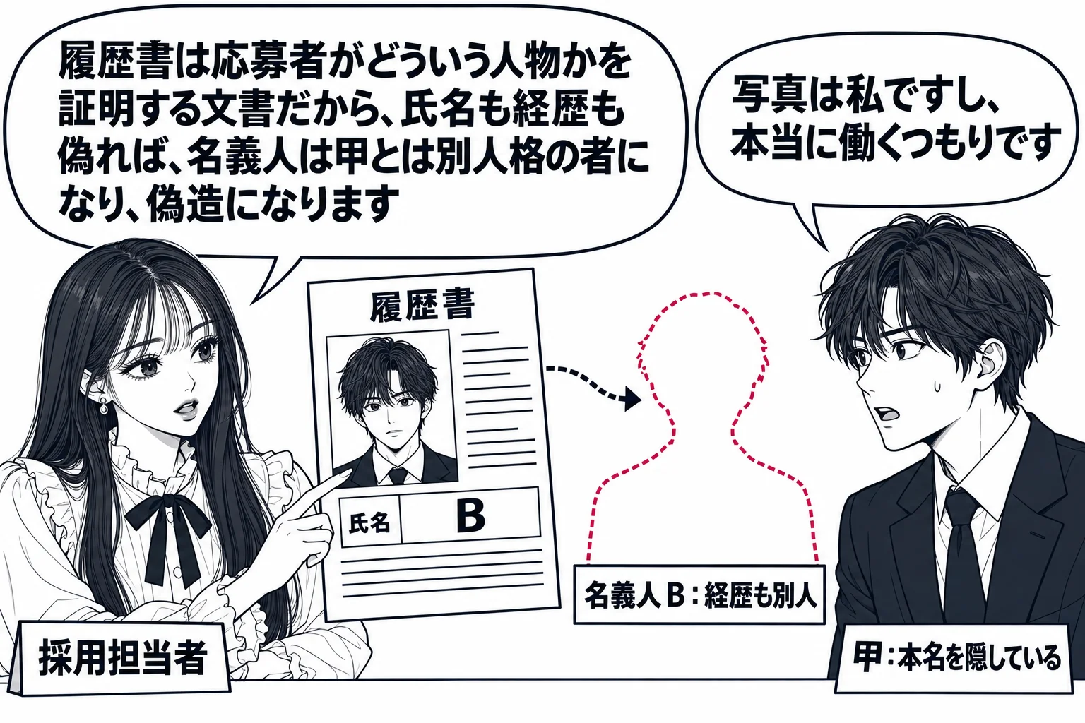 会社の採用面接の場面。先生が面接官役（札「採用担当者」）で机に座り、履歴書を手に持っている。履歴書には氏名欄「B」と顔写真。向かいに応募者の男性（札「甲：本名を隠している」）が座る。履歴書から点線が伸びて、実在しない人物の輪郭（札「名義人B
