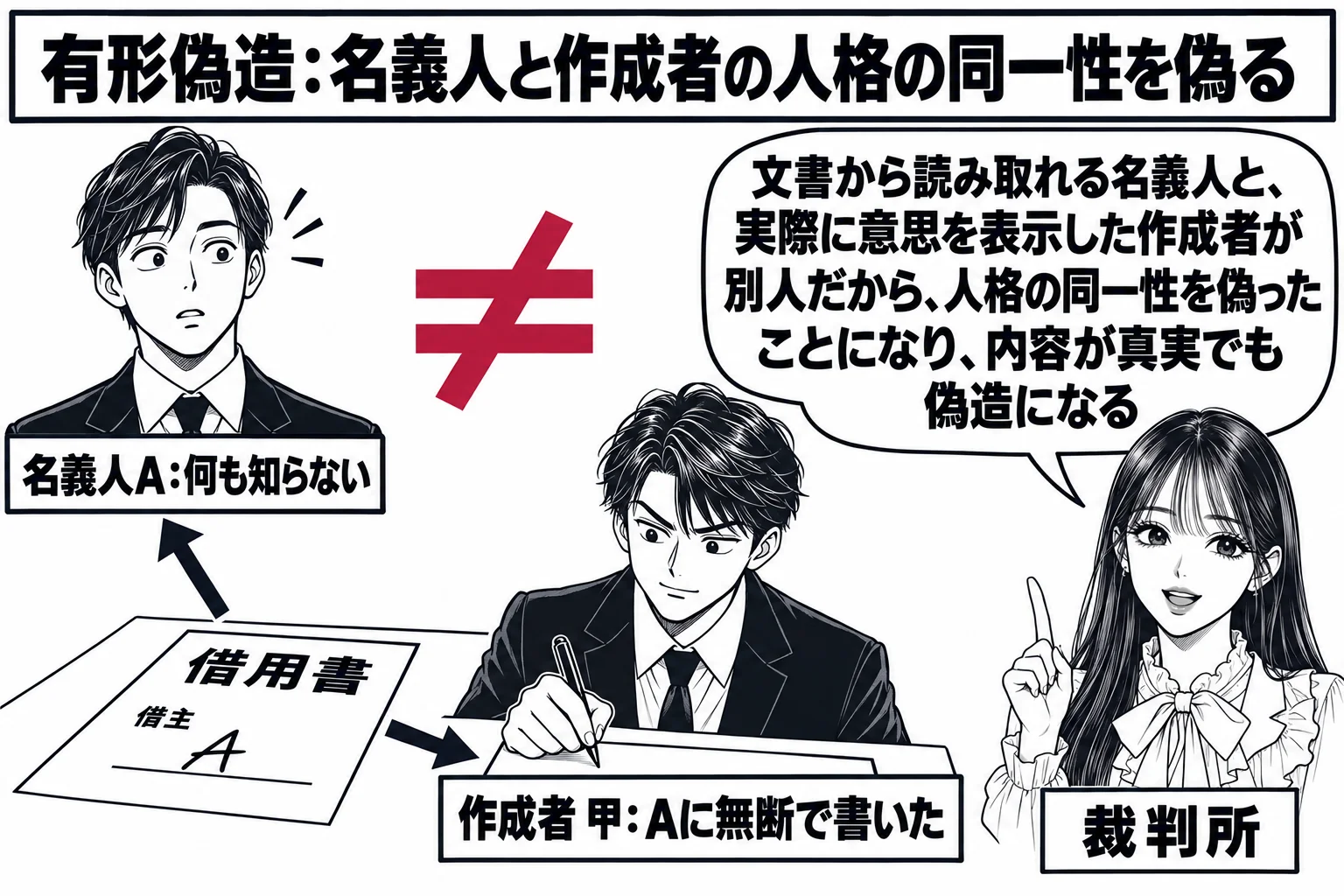 事務所の机の場面。机の上に一枚の借用書があり、借主の欄に「A」の署名。借用書から左上に矢印が伸びて、離れた場所に立つ男性（札「名義人A：何も知らない」）を指し、右下に矢印が伸びて、机でペンを持つ男性（札「作成者 甲：Aに無断で書いた」）を指