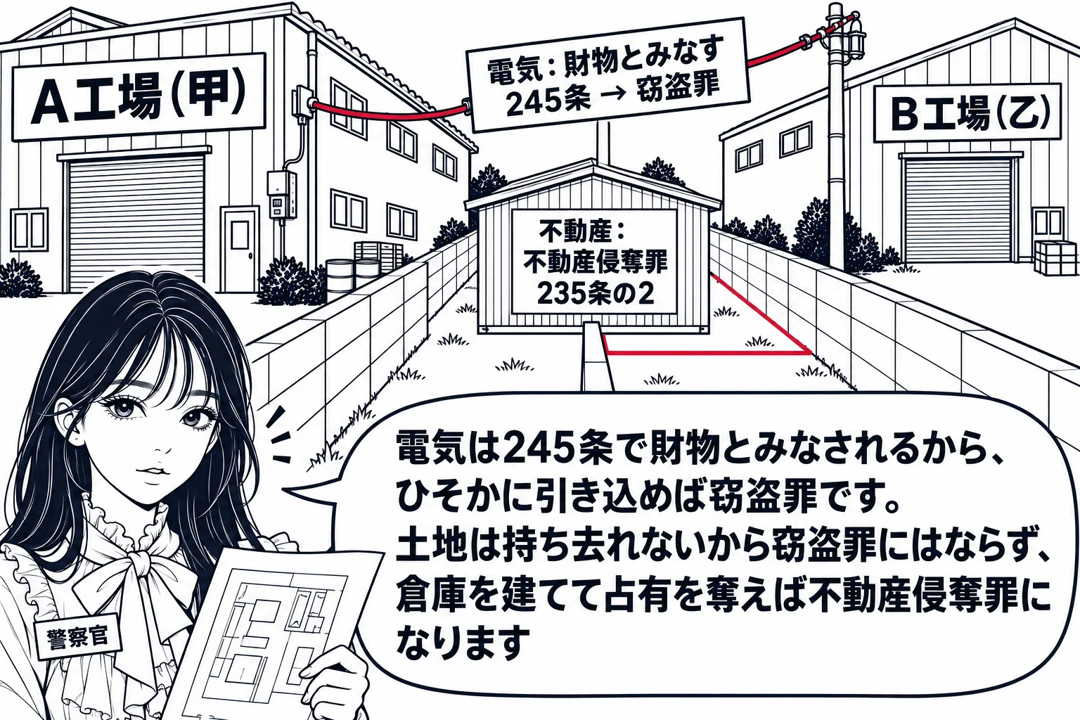 二つの工場が塀をはさんで隣り合う場面。左の工場に札「A工場（甲）」、右の工場に札「B工場（乙）」。右の敷地の電柱から左の工場へ一本の電線がこっそり引き込まれ、電線に札「電気：財物とみなす 245条 → 窃盗罪」。塀をまたいで右の敷地にはみ出
