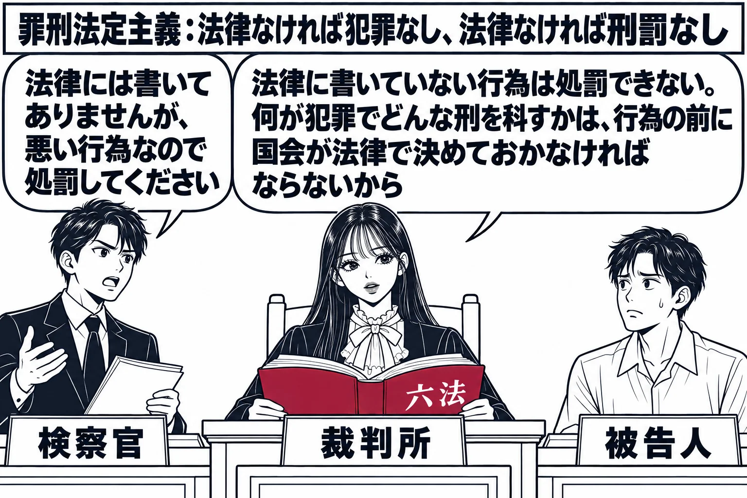 法廷の場面。先生が裁判官役（札「裁判所」）で法壇に座り、手元に開いた六法を置いている。左に検察官役の男性（札「検察官」）が立ち、吹き出し「法律には書いてありませんが、悪い行為なので処罰してください」。右の被告人席に男性（札「被告人」）が座っ