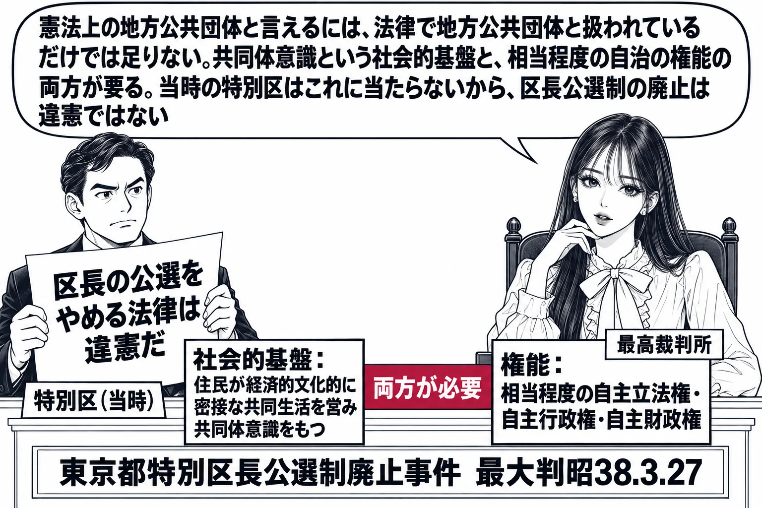先生が最高裁判所の裁判官役（札「最高裁判所」）で法壇に座り、左に東京都の特別区の区長役の男性（札「特別区（当時）」）が「区長の公選をやめる法律は違憲だ」の紙を掲げる。先生の机の上に二枚の札「社会的基盤：住民が経済的文化的に密接な共同生活を営