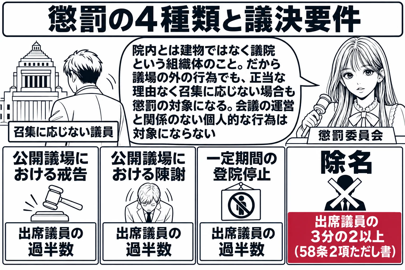 先生が懲罰委員長役（札「懲罰委員会」）で席に着き、前に4枚の札を並べている。「公開議場における戒告」「公開議場における陳謝」「一定期間の登院停止」の3枚は「出席議員の過半数」の帯、「除名」の1枚だけ深紅の帯で「出席議員の3分の2以上（58条