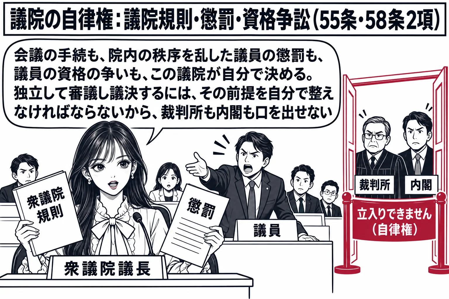 国会の議場の場面。先生が議長役（札「衆議院議長」）で議長席に座り、右手に「衆議院規則」と書かれた冊子、左手に「懲罰」と書かれた紙を持つ。議席には議員たちが小さく描かれ、一人の男性議員（札「議員」）が立って野次を飛ばしている。議場の外、扉の向