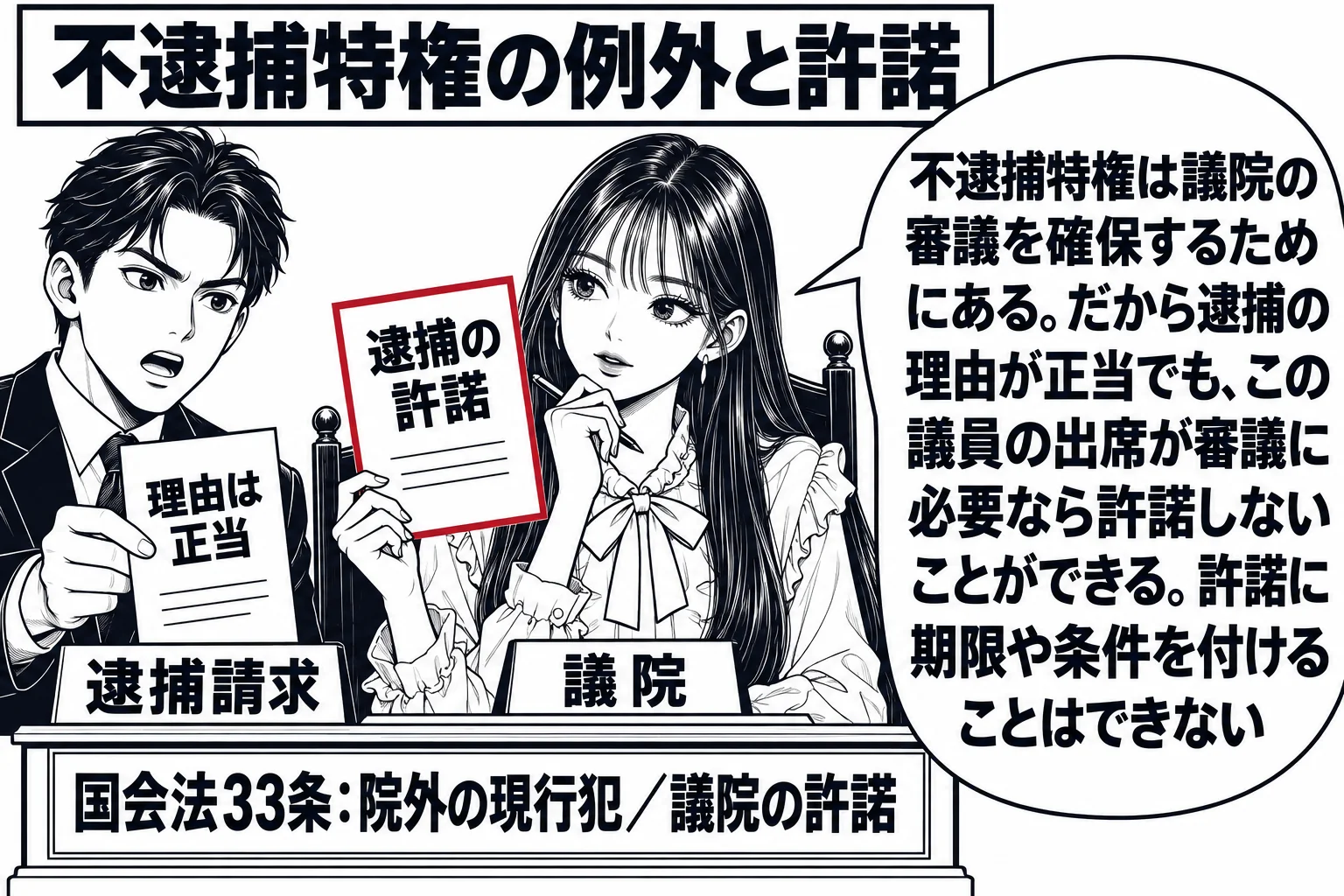 先生が議院の議長役（札「議院」）で議長席に座り、右手に「逮捕の許諾」と書かれた紙を持って考えている。左に検察官の男性（札「逮捕請求」）が「理由は正当」と書かれた書類を差し出している。先生の机には「国会法33条：院外の現行犯／議院の許諾」の札