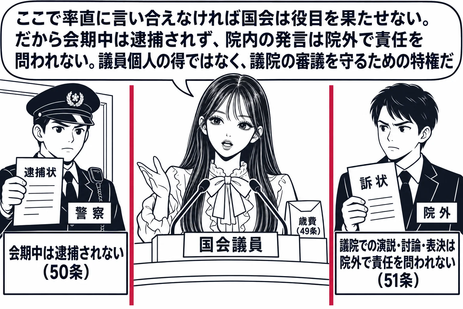 国会の議場の場面。先生が国会議員役（札「国会議員」）で演壇に立ち、堂々と発言している。議場の入口に警察官の男性（札「警察」）が逮捕状を持って立っているが、入口には深紅の線と札「会期中は逮捕されない（50条）」。演壇の脇に小さく「歳費（49条