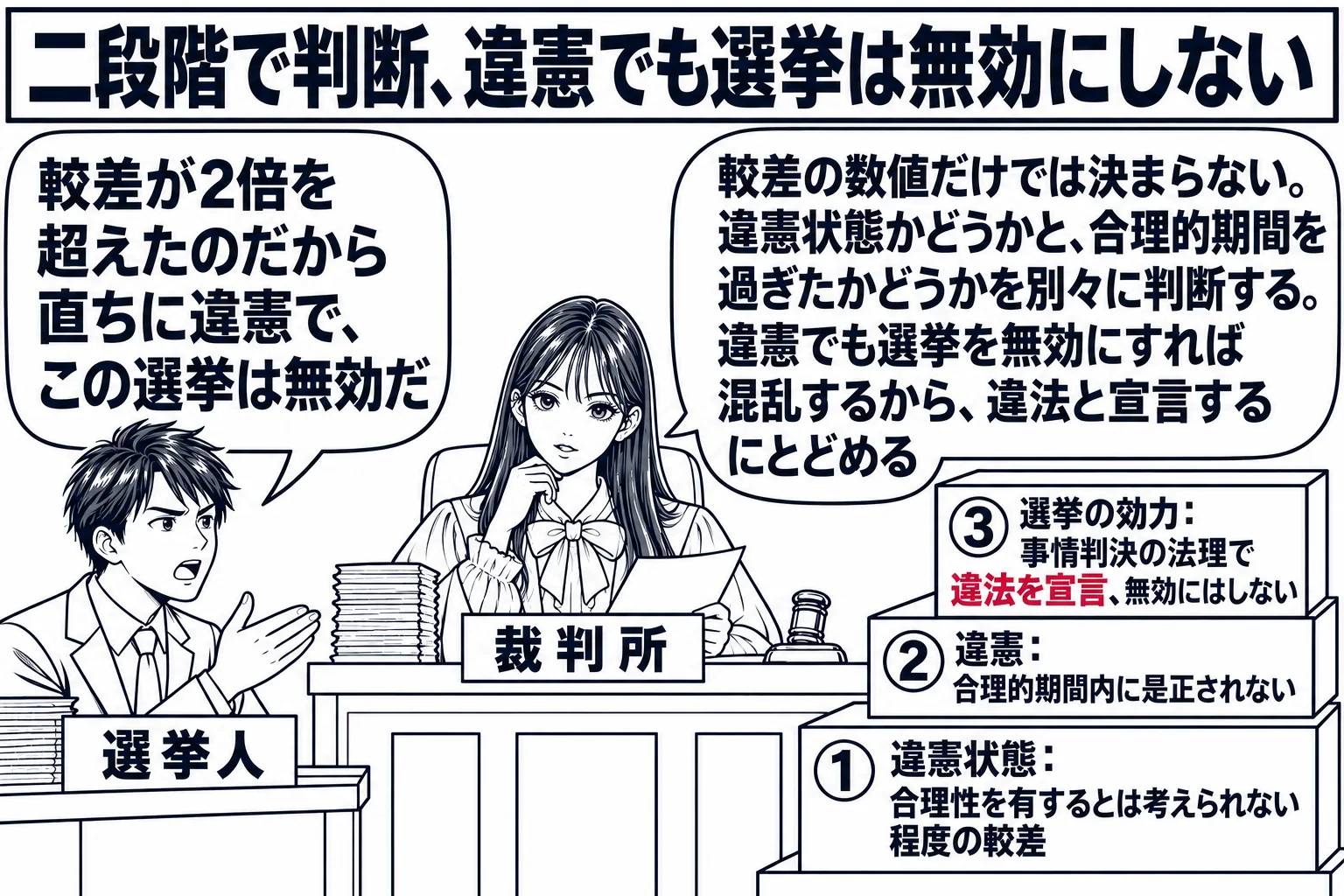裁判所の法廷の場面。先生が裁判官役（札「裁判所」）で法壇に座り、法壇の横に三段の階段の絵。下の段に札「①違憲状態：合理性を有するとは考えられない程度の較差」、中の段に札「②違憲：合理的期間内に是正されない」、上の段に札「③選挙の効力：事情判