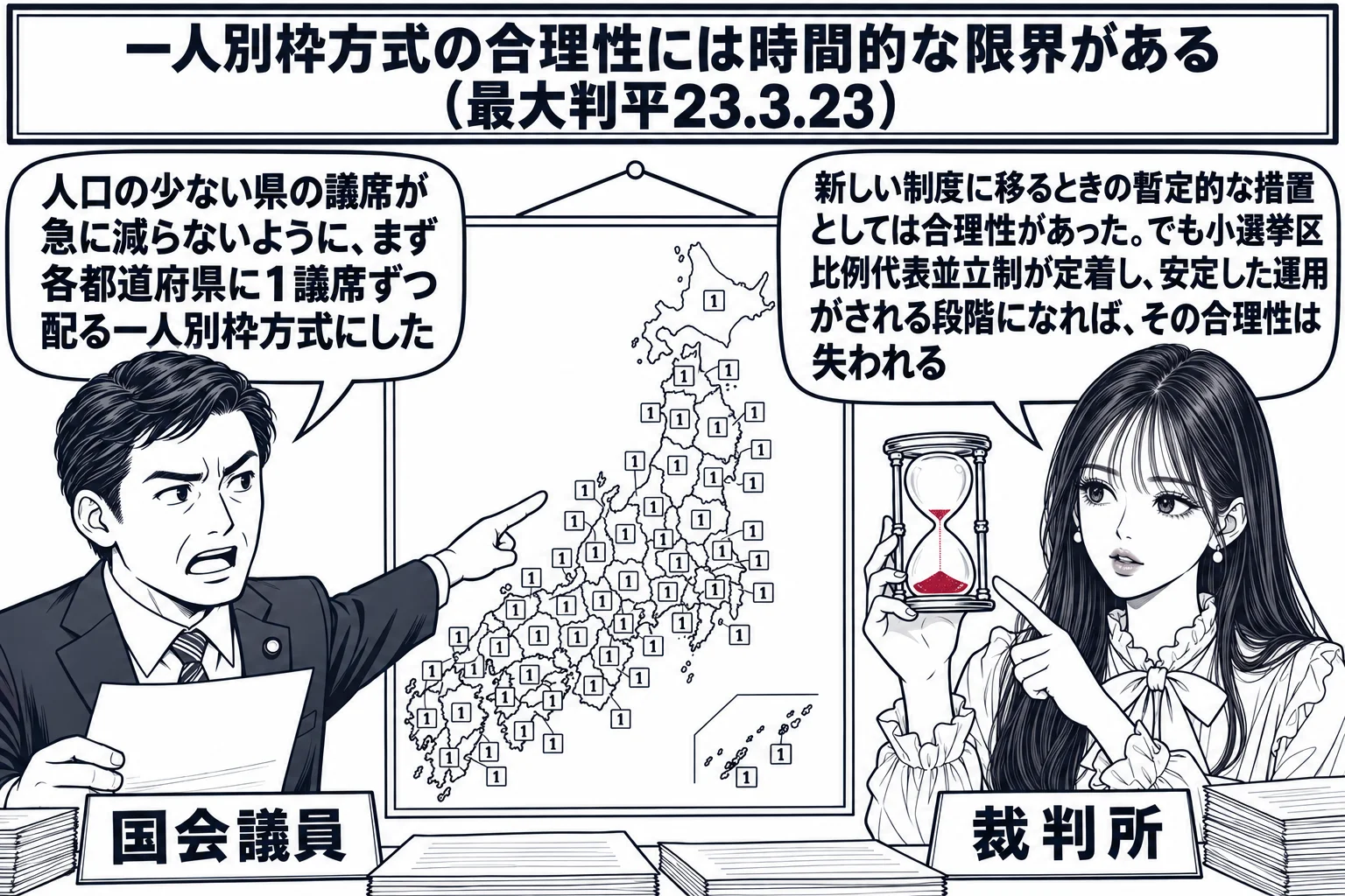 国会の会議室の場面。壁に日本地図が掛かり、各都道府県の上に「1」と書いた小さな札が並ぶ。国会議員の男性（札「国会議員」）が地図を指して吹き出し「人口の少ない県の議席が急に減らないように、まず各都道府県に1議席ずつ配る一人別枠方式にした」。先