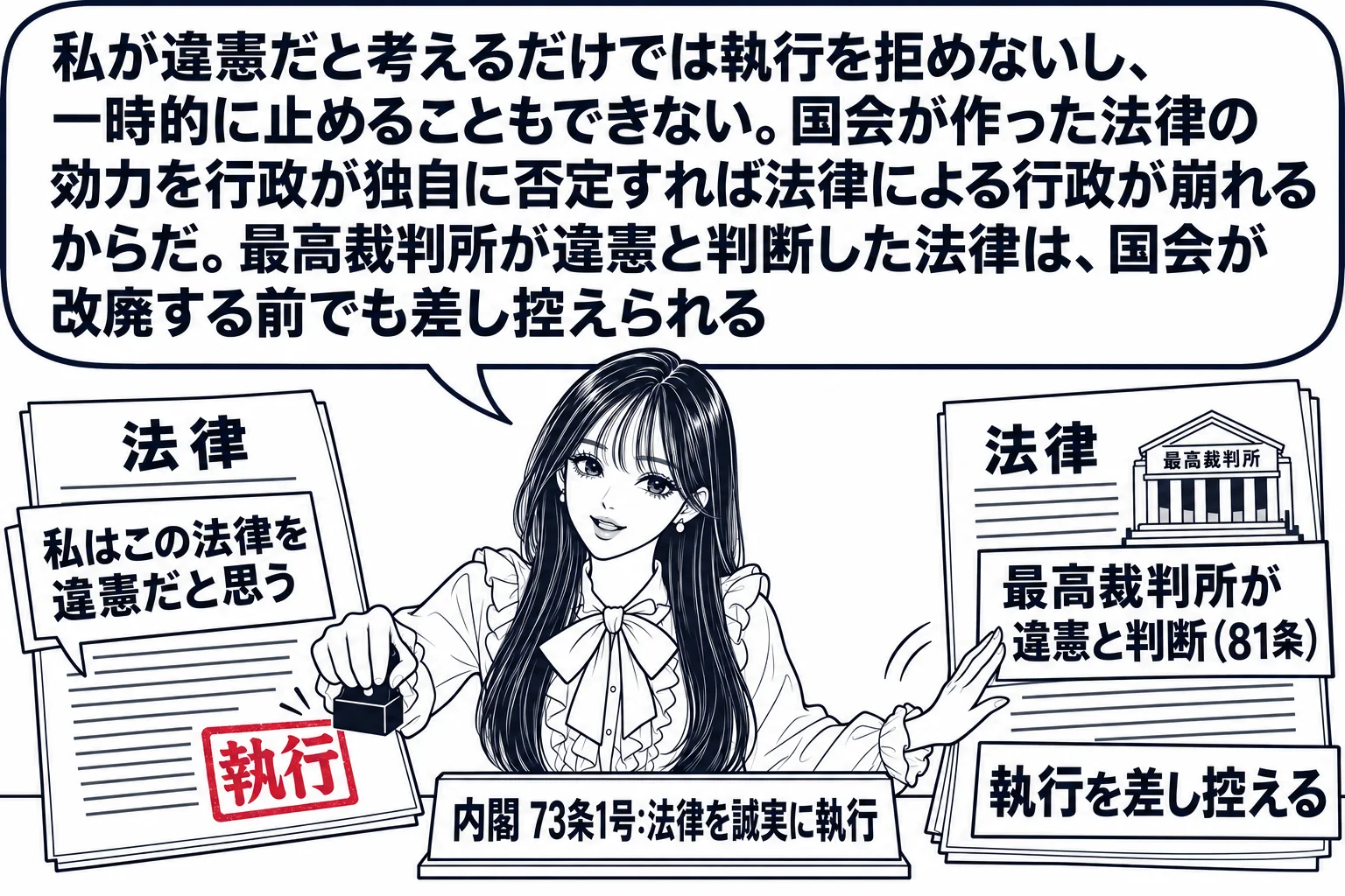 先生が内閣総理大臣役（札「内閣 73条1号：法律を誠実に執行」）で机に着き、二枚の「法律」の紙を前にしている。左の紙には内閣の吹き出し「私はこの法律を違憲だと思う」と書かれた付箋が付いているが、先生はそれでも「執行」の判を押している。右の紙
