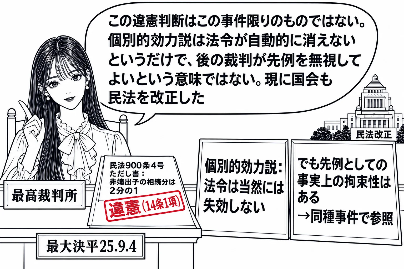 先生が最高裁判所の裁判官役（札「最高裁判所」）で法壇に座り、机の上に「民法900条4号ただし書：非嫡出子の相続分は2分の1」の条文に深紅の判「違憲（14条1項）」。机の右に「個別的効力説：法令は当然には失効しない」の札と、その隣に「でも先例