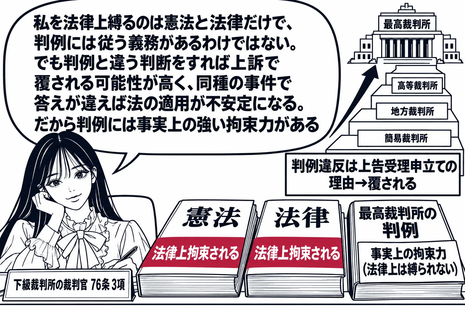 地方裁判所の裁判官室の場面。先生が地方裁判所の裁判官役（札「下級裁判所の裁判官 76条3項」）で机に着き、机の上に「憲法」「法律」の冊子と、その横に「最高裁判所の判例」の冊子。憲法と法律の冊子には深紅の帯「法律上拘束される」、判例の冊子には