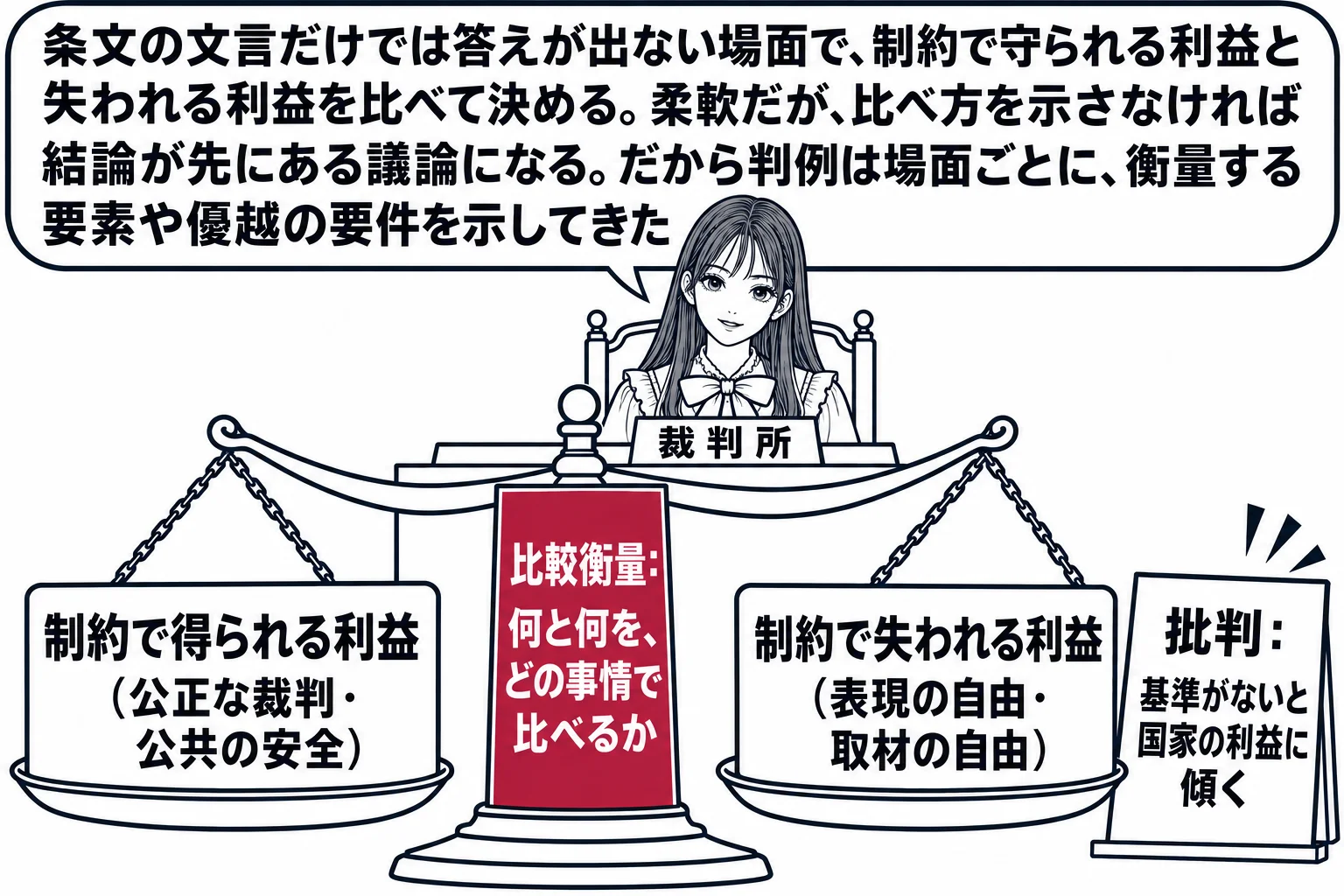 法廷の場面。先生が裁判官役（札「裁判所」）で法壇に座り、目の前に大きな天秤。左の皿に「制約で得られる利益（公正な裁判・公共の安全）」、右の皿に「制約で失われる利益（表現の自由・取材の自由）」の札。天秤の支柱に深紅の札「比較衡量：何と何を、ど