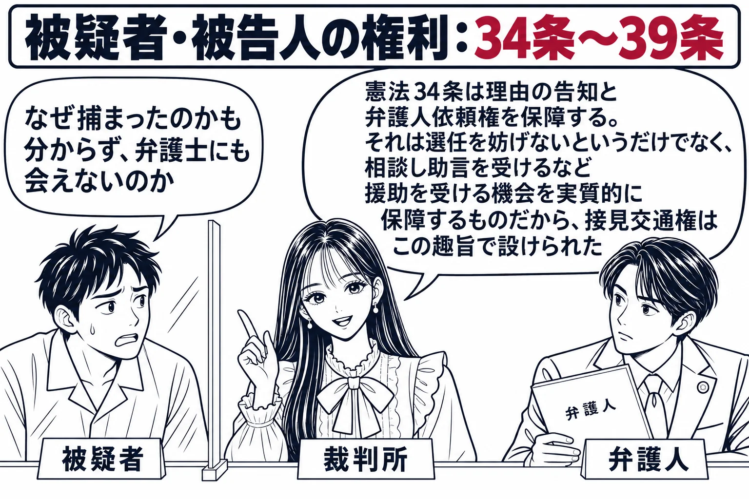 警察署の留置施設の接見室の場面。先生が裁判官役（札「裁判所」）で中央に立つ。左に留置された男性（札「被疑者」）が仕切りの向こうで吹き出し「なぜ捕まったのかも分からず、弁護士にも会えないのか」。右に弁護士の男性（札「弁護人」）が仕切りの手前に