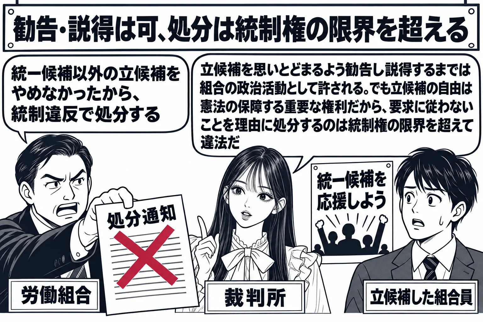 労働組合の事務所の場面。壁に「統一候補を応援しよう」のポスター。組合の役員の男性（札「労働組合」）が「処分通知」と書いた紙を突き出し、吹き出し「統一候補以外の立候補をやめなかったから、統制違反で処分する」。向かいに組合員の男性（札「立候補し