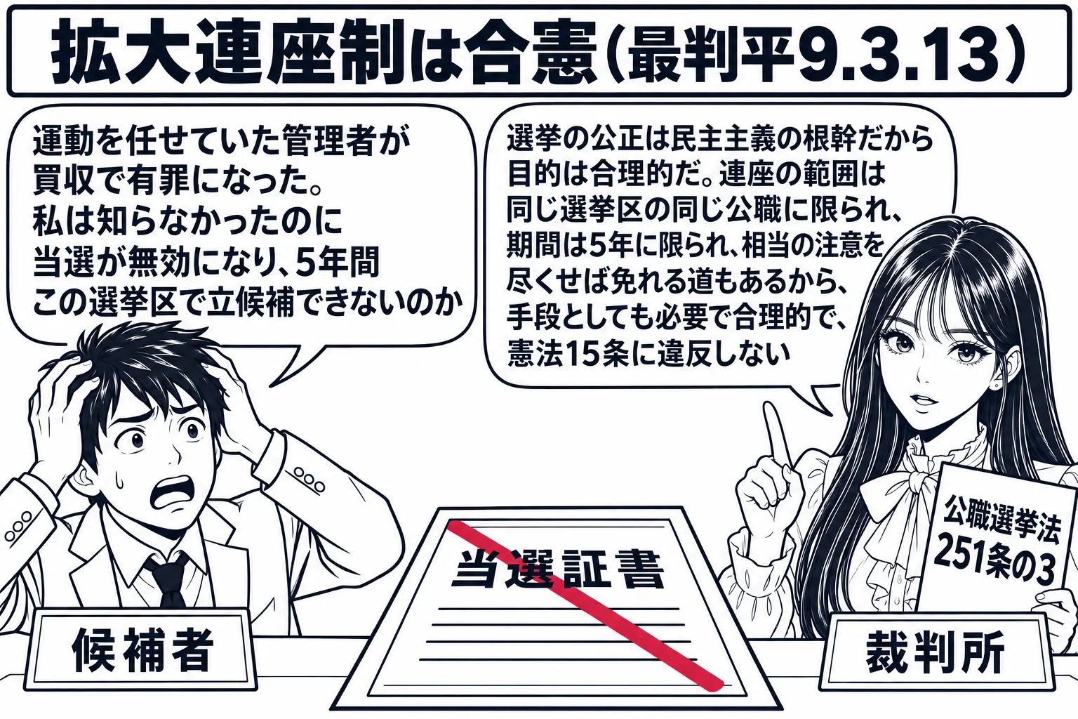 選挙事務所の場面。机の上に「当選証書」があり、その上に深紅の斜線が引かれている。候補者の男性（札「候補者」）が頭を抱え、吹き出し「運動を任せていた管理者が買収で有罪になった。私は知らなかったのに当選が無効になり、5年間この選挙区で立候補でき
