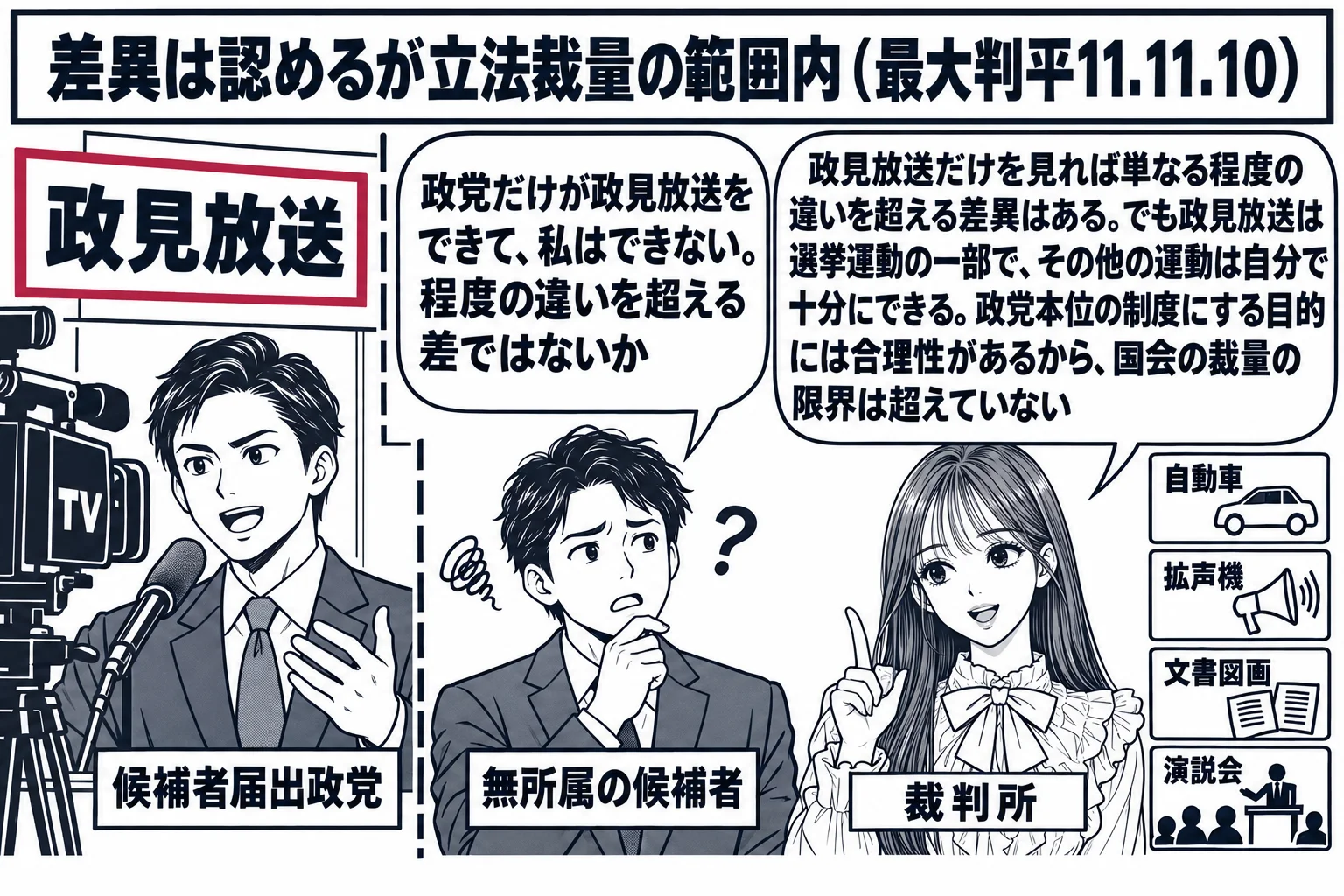 テレビ局のスタジオの場面。カメラの前に「政見放送」の看板があり、候補者届出政党の男性（札「候補者届出政党」）がマイクの前で話している。スタジオの外に無所属の候補者の男性（札「無所属の候補者」）が立ち、吹き出し「政党だけが政見放送をできて、私