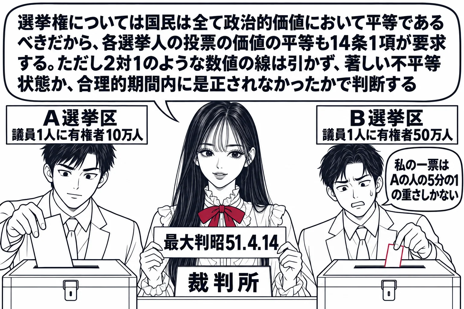 選挙の投票所の場面。先生が裁判官役（札「裁判所」）で中央に立ち、左に「A選挙区　議員1人に有権者10万人」の看板の前で投票箱に一票を入れる男性、右に「B選挙区　議員1人に有権者50万人」の看板の前で投票箱に一票を入れる男性。右の男性の一票は