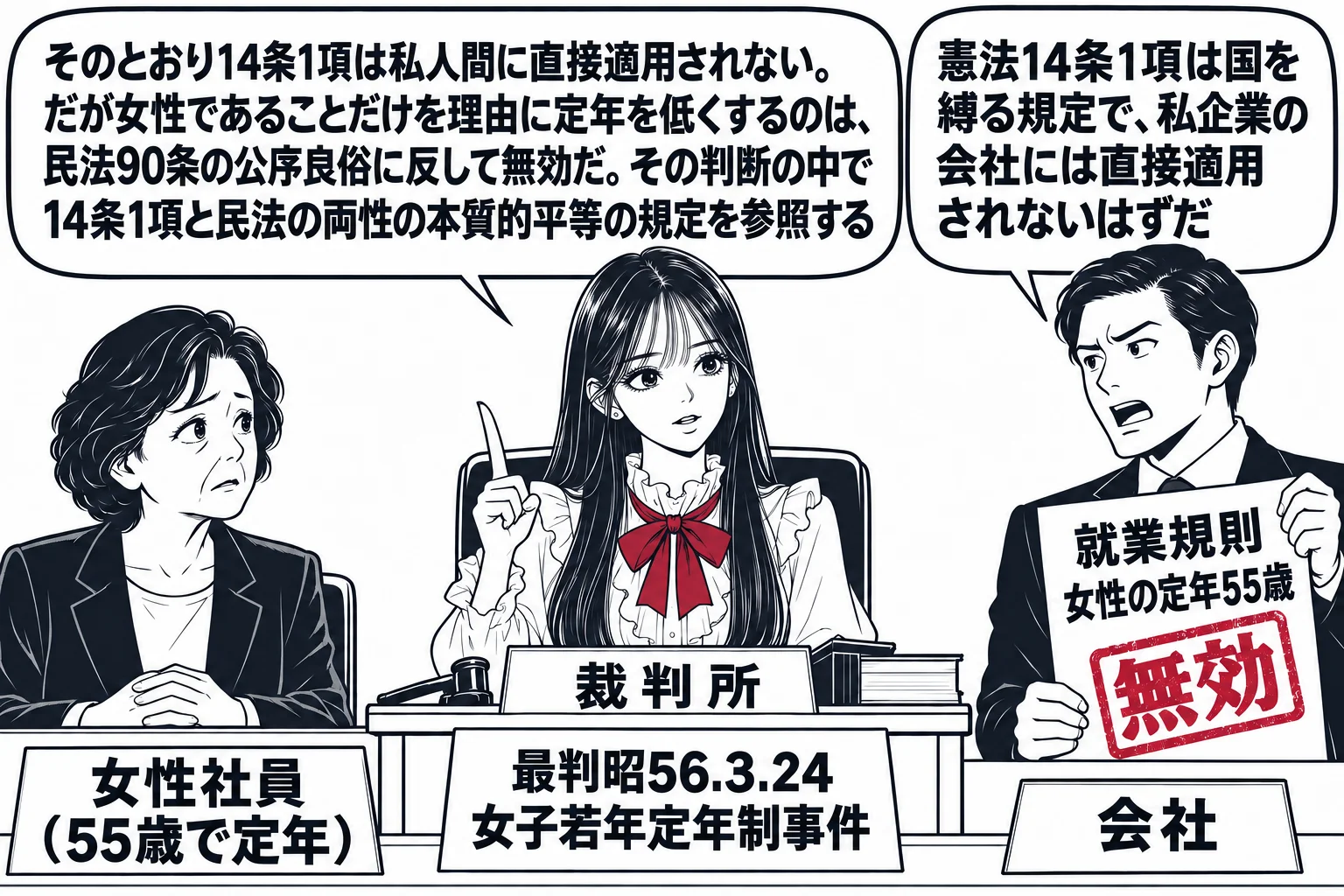 裁判所の法廷の場面。先生が裁判官役（札「裁判所」）で法壇に座り、左の原告席に女性社員の札「女性社員（55歳で定年）」を置いた席、右の被告席に人事部長の男性（札「会社」）が「就業規則　女性の定年55歳」の紙を持って立ち、吹き出し「憲法14条1