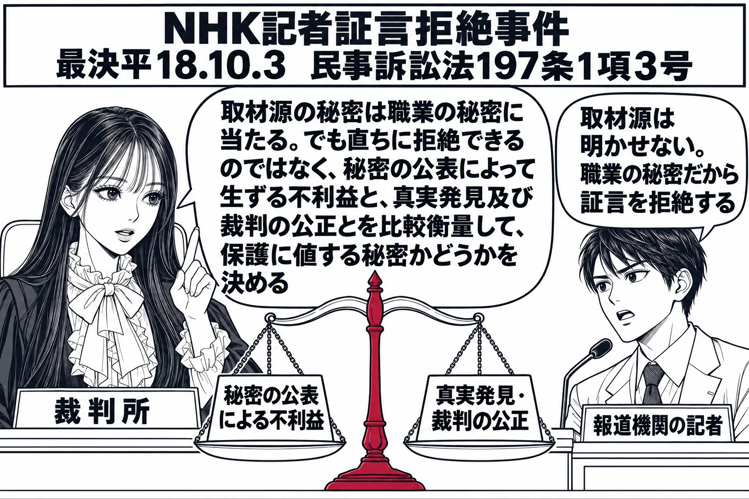 民事法廷の証言台の場面。先生が裁判官役（札「裁判所」）で法壇に座り、手元に天秤を置いている。証言台に記者の男性（札「報道機関の記者」）が立ち、吹き出し「取材源は明かせない。職業の秘密だから証言を拒絶する」。先生の吹き出し「取材源の秘密は職業