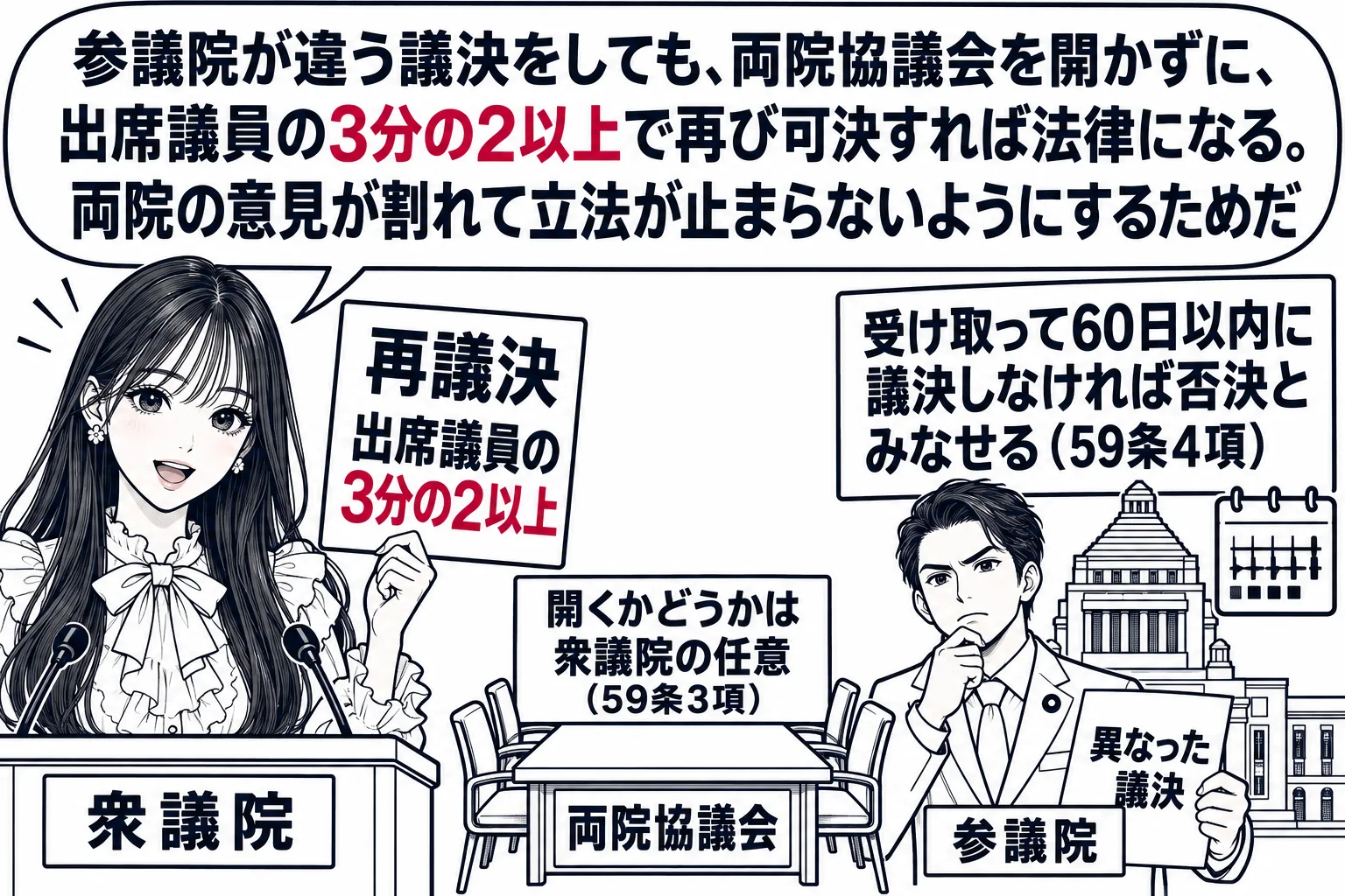 先生が衆議院議長役（札「衆議院」）で議長席に立ち、「再議決 出席議員の3分の2以上」と書かれた札を掲げる。右に参議院の建物と男性議員（札「参議院」）が「異なった議決」の紙を持つ。両者の間に「両院協議会」と書かれた小さな机があり、その上に札「