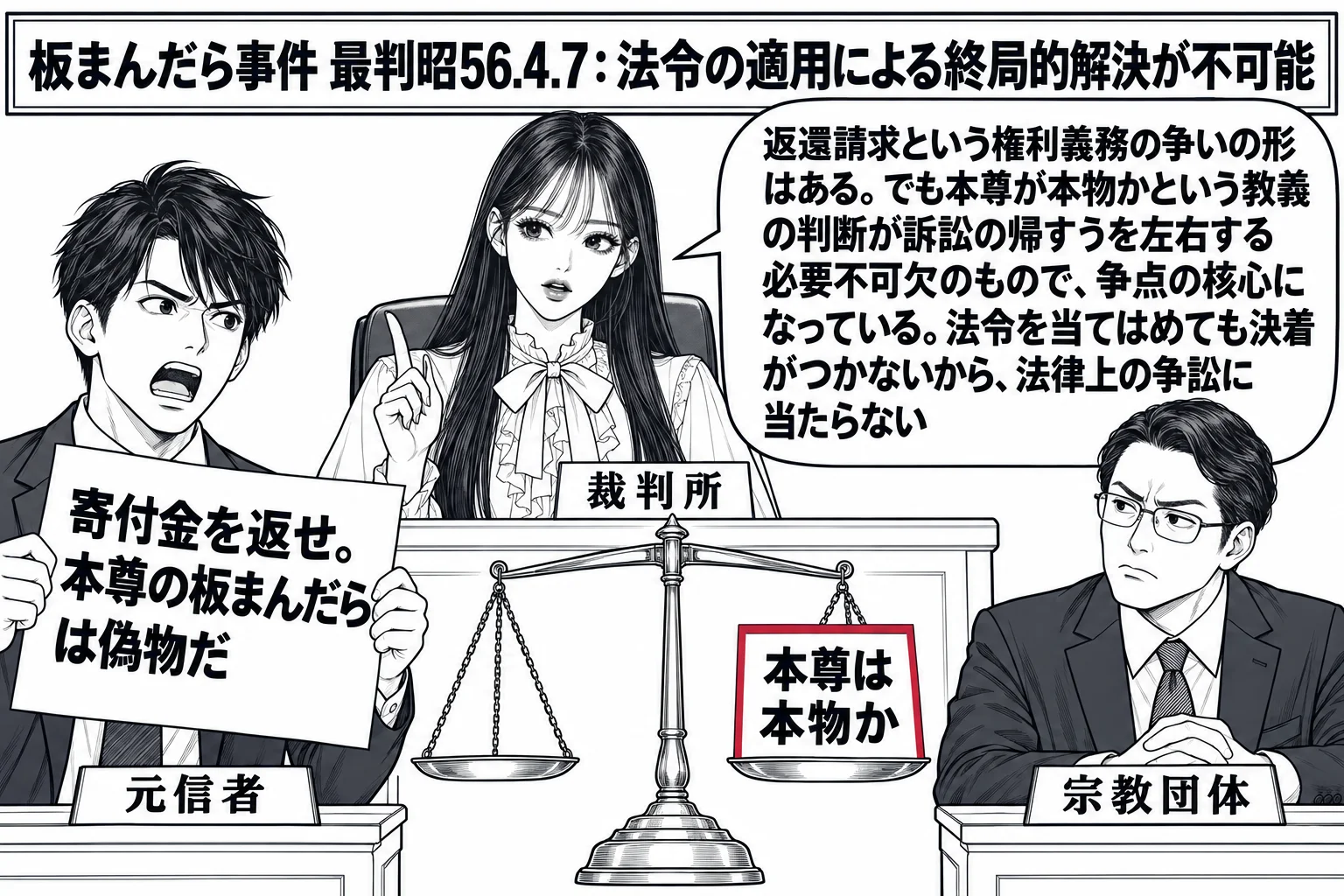 法廷の場面。先生が裁判官役（札「裁判所」）で法壇に座り、原告席に男性（札「元信者」）が「寄付金を返せ。本尊の板まんだらは偽物だ」と書かれた紙を持って立ち、被告席に別の男性（札「宗教団体」）が座っている。法壇の前に大きな天秤の絵があり、皿の上