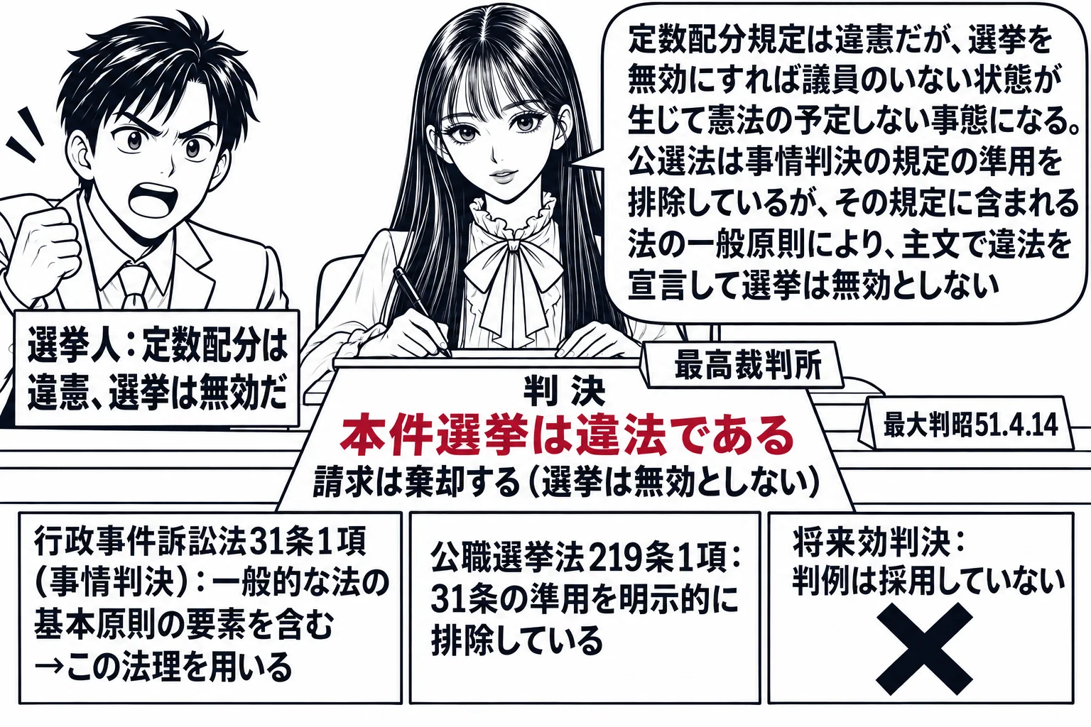 先生が最高裁判所の裁判官役（札「最高裁判所」）で法壇に座り、判決文の主文に「本件選挙は違法である」と深紅で書き、その下に「請求は棄却する（選挙は無効としない）」。左に選挙人の男性（札「選挙人：定数配分は違憲、選挙は無効だ」）。机の上に二枚の