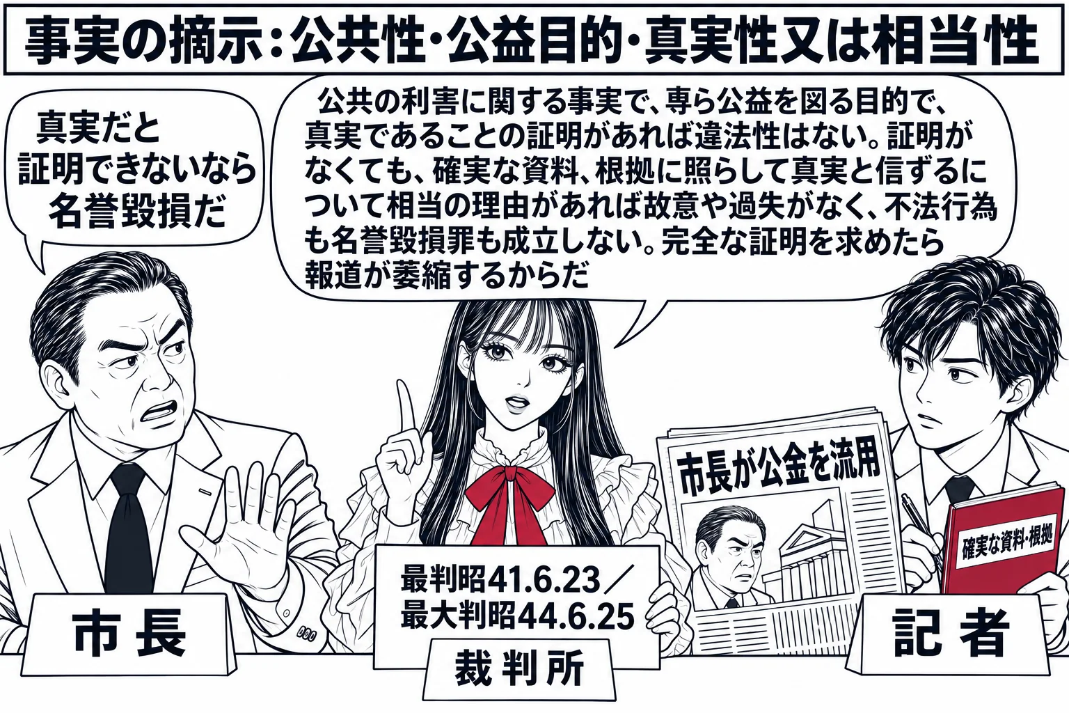 新聞社の編集室の場面。先生が裁判官役（札「裁判所」）で中央に立ち、右に記者の男性（札「記者」）が「市長が公金を流用」と見出しの付いた紙面と、「確実な資料・根拠」と書いた分厚い取材ノートを机に置いている。左に市長の男性（札「市長」）が吹き出し