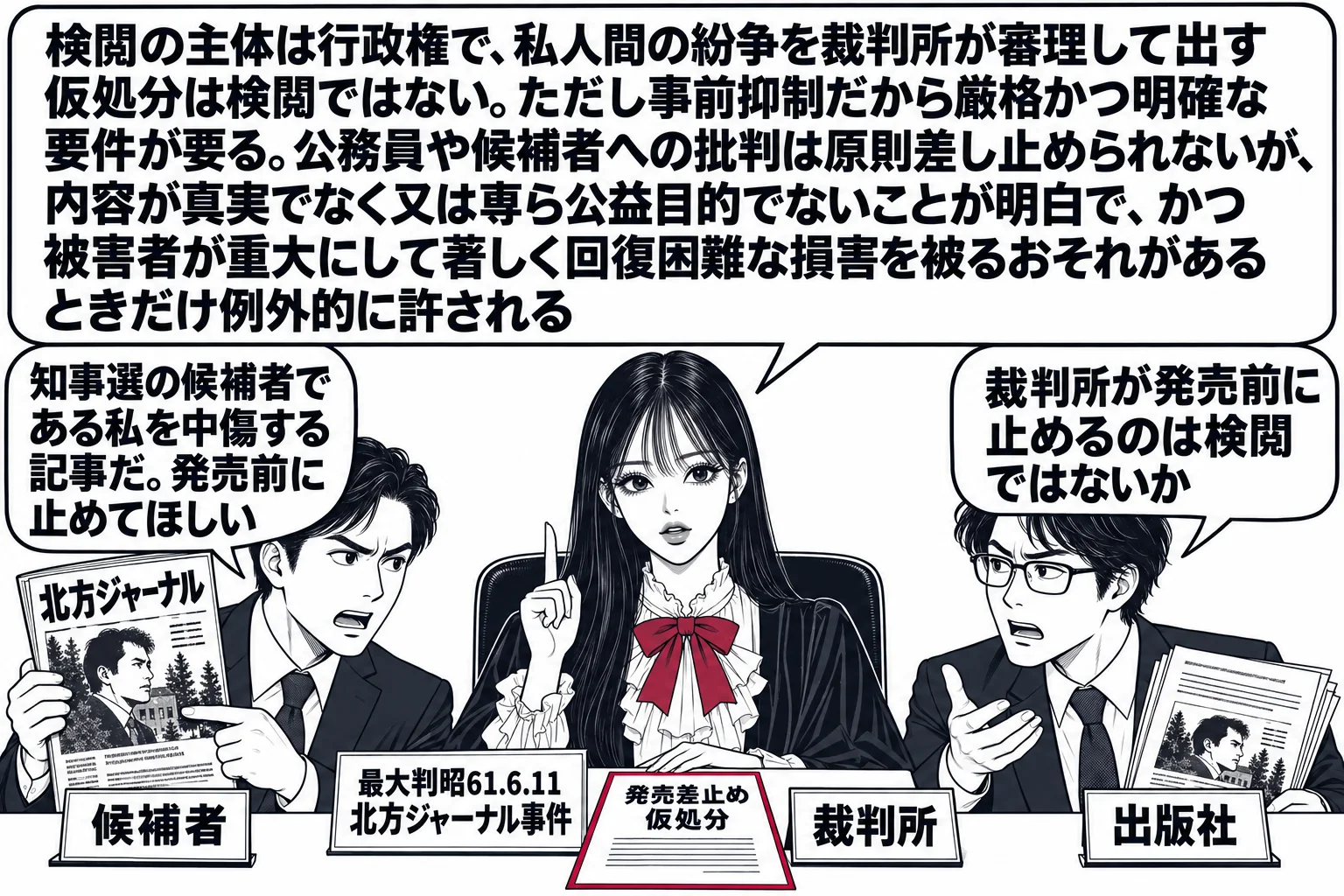 裁判所の仮処分の審尋室の場面。先生が裁判官役（札「裁判所」）で机に座り、机の上に「発売差止め　仮処分」と書かれた書類がある。左に「候補者」の札を付けた男性が「北方ジャーナル」と表紙に書かれた雑誌のゲラを指さして吹き出し「知事選の候補者である