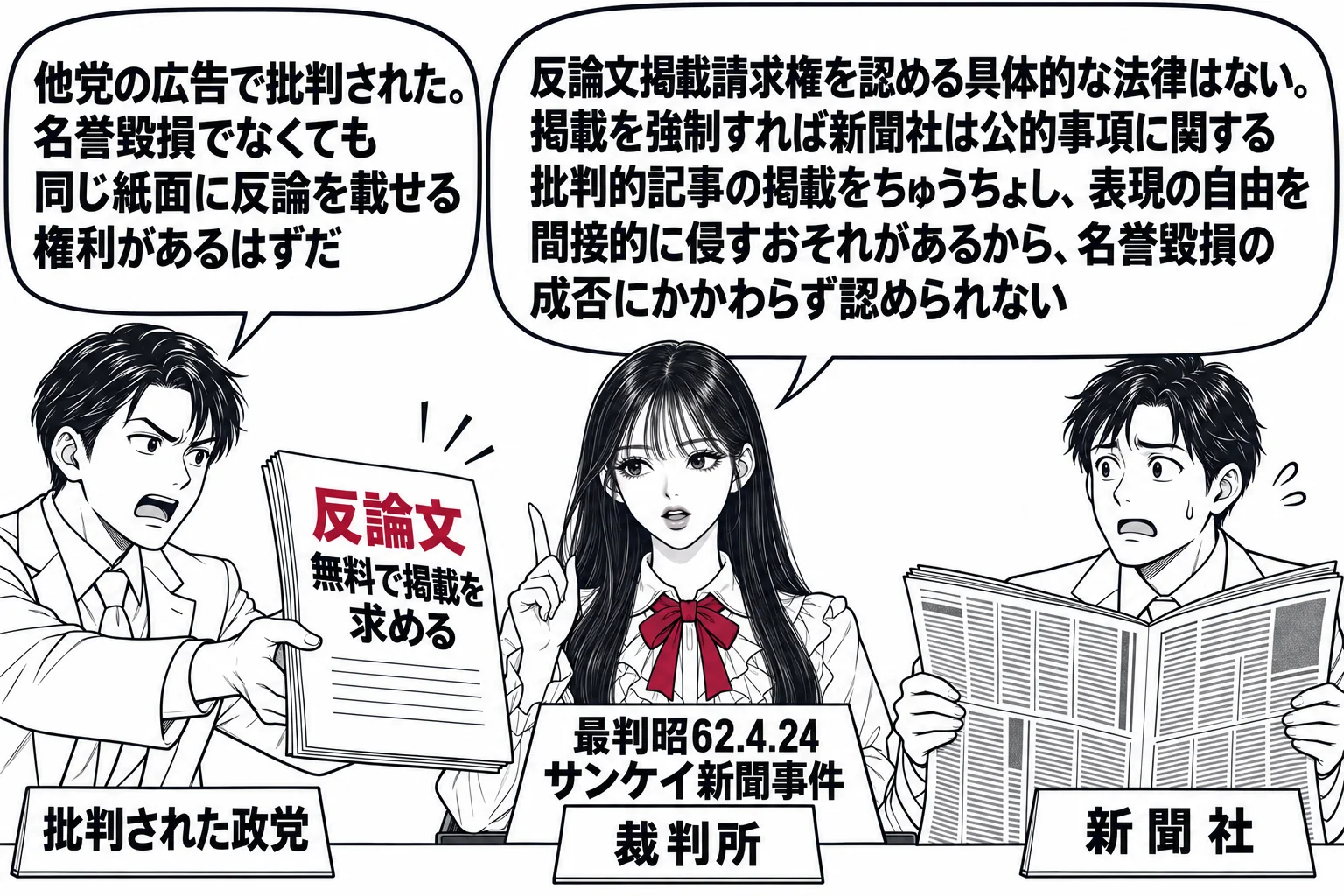 新聞社の受付の場面。先生が裁判官役（札「裁判所」）で中央に立ち、左に政党の代表の男性（札「批判された政党」）が「反論文　無料で掲載を求める」と書いた原稿を差し出し、吹き出し「他党の広告で批判された。名誉毀損でなくても同じ紙面に反論を載せる権