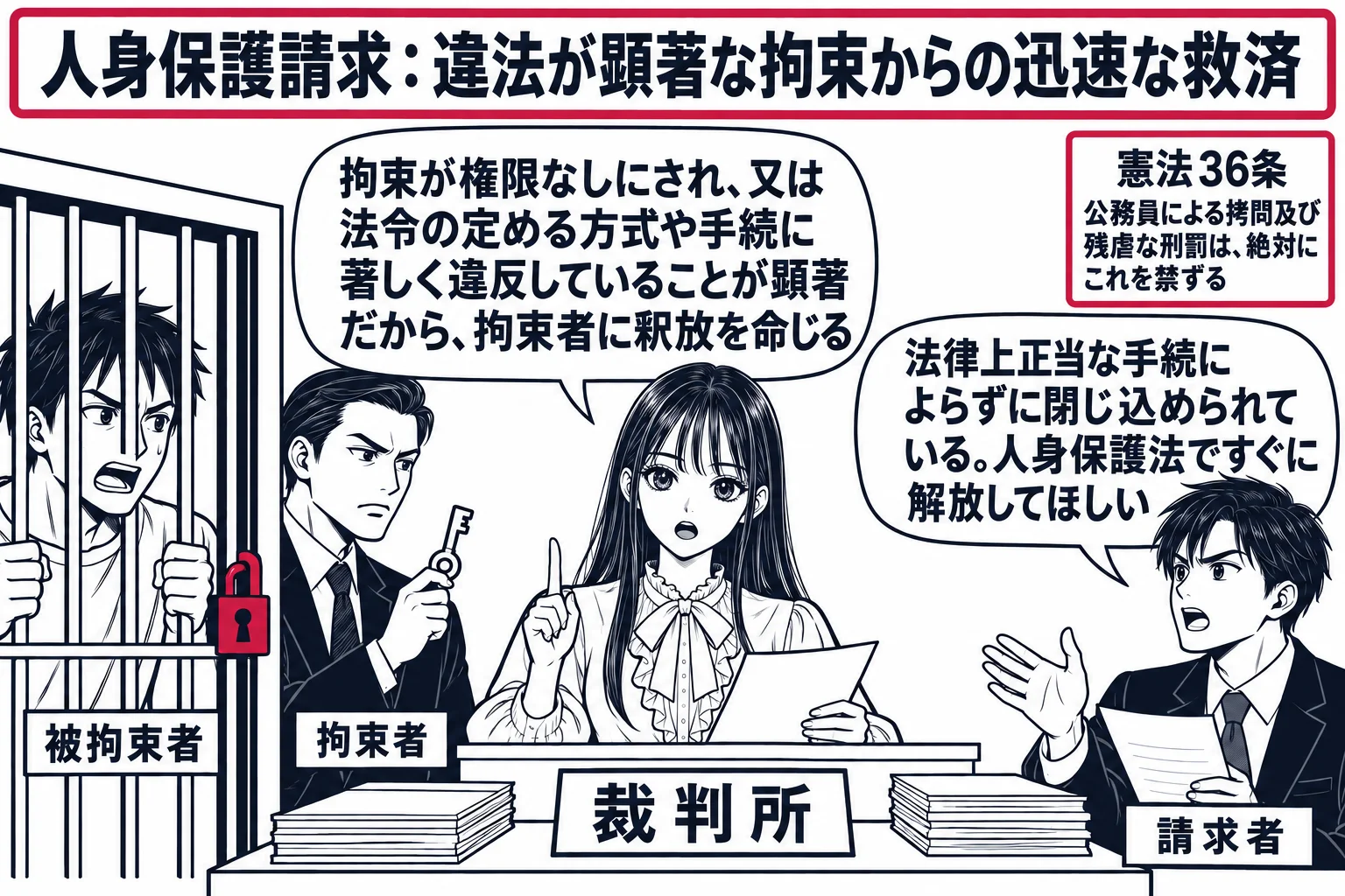 裁判所の一室の場面。先生が裁判官役（札「裁判所」）で中央の机に着いている。左に、格子のはまった小部屋に閉じ込められた男性（札「被拘束者」）と、その戸口に立って鍵を握る男性（札「拘束者」）。先生の前に立つ男性（札「請求者」）の吹き出し「法律上