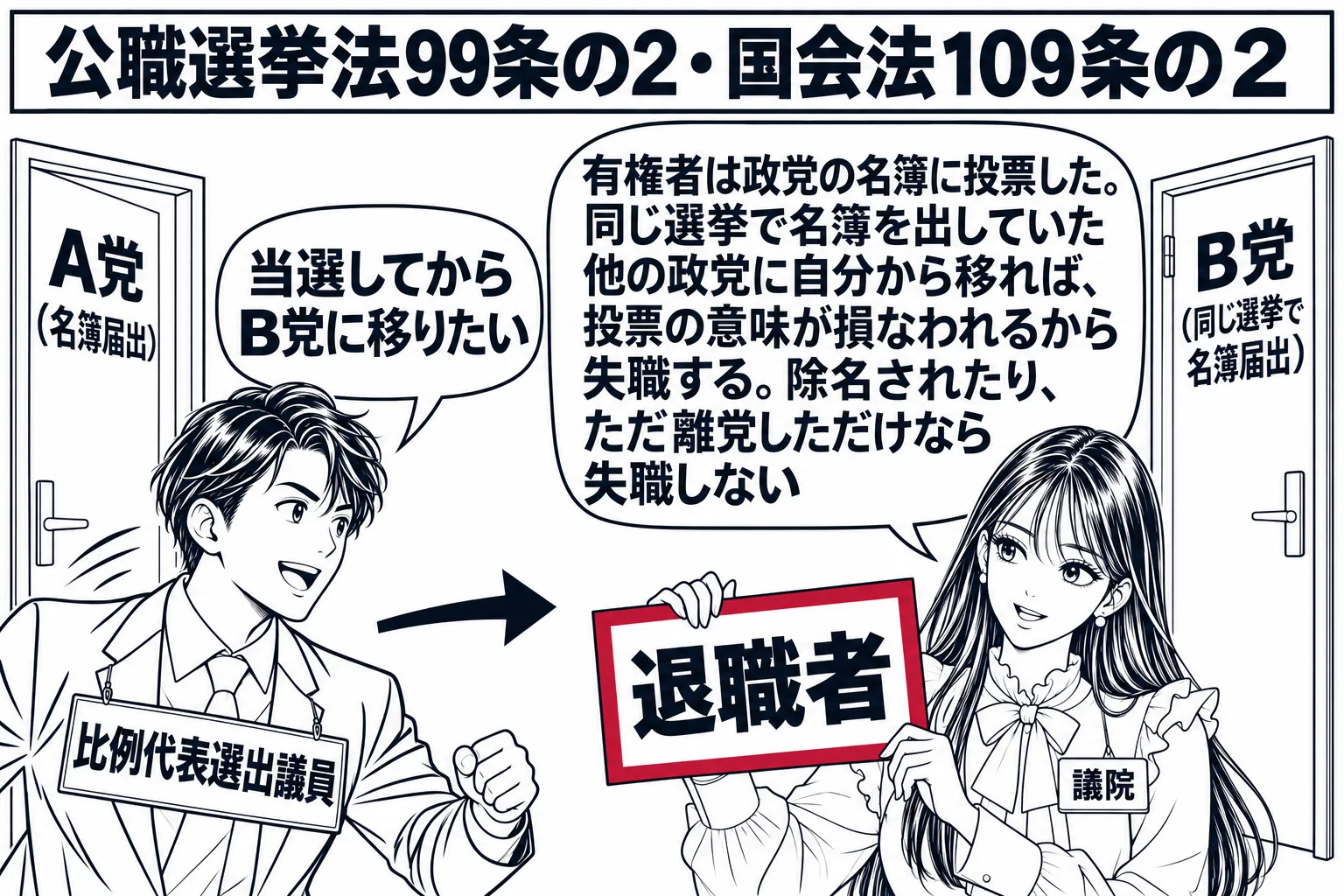 国会の議員会館の廊下の場面。左に「A党（名簿届出）」、右に「B党（同じ選挙で名簿届出）」の二つの扉。比例代表で当選した議員の男性（札「比例代表選出議員」）がA党の扉から出てB党の扉へ歩き、吹き出し「当選してからB党に移りたい」。先生が議院の