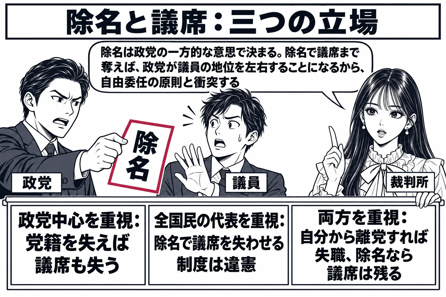 政党の本部の会議室の場面。党の幹部の男性（札「政党」）が「除名」と書いた紙を突き出し、向かいに比例代表で当選した議員の男性（札「議員」）が立っている。先生が裁判官役（札「裁判所」）で二人の横に立ち、三つの札を並べて掲げる。札「政党中心を重視