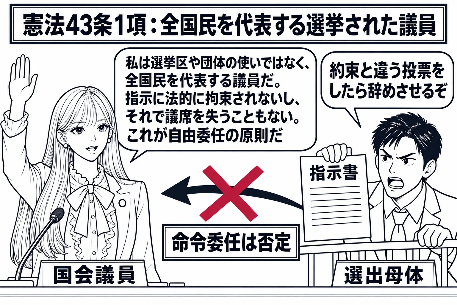 国会議事堂の本会議場の場面。先生が国会議員役（札「国会議員」）で議席に立ち、手を挙げて表決している。傍聴席の側に地元の支持団体の男性（札「選出母体」）が指示書を掲げ、吹き出し「約束と違う投票をしたら辞めさせるぞ」。先生の吹き出し「私は選挙区