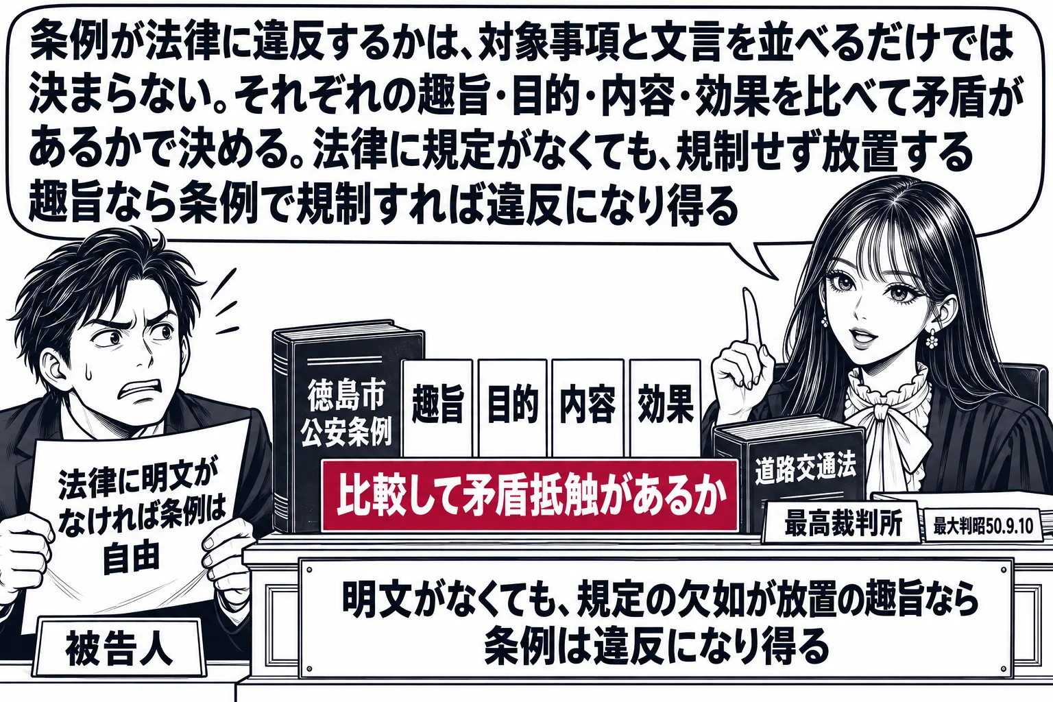先生が最高裁判所の裁判官役（札「最高裁判所」）で法壇に座り、机の上に「徳島市公安条例」と「道路交通法」の二冊。二冊の間に四つの札「趣旨」「目的」「内容」「効果」が並び、深紅の帯「比較して矛盾抵触があるか」。左に「法律に明文がなければ条例は自